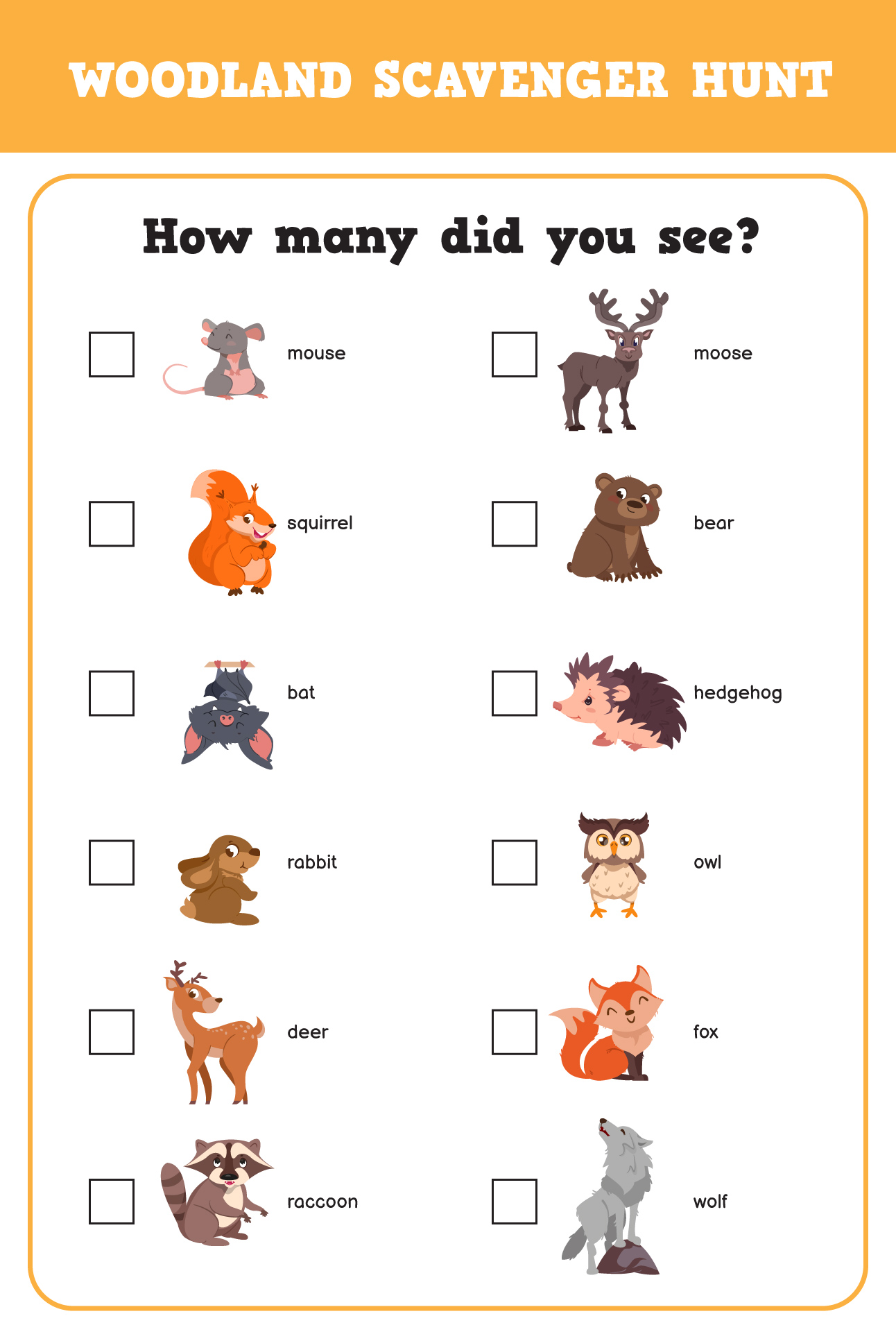 Printable Educational Woodland Animals Checklist