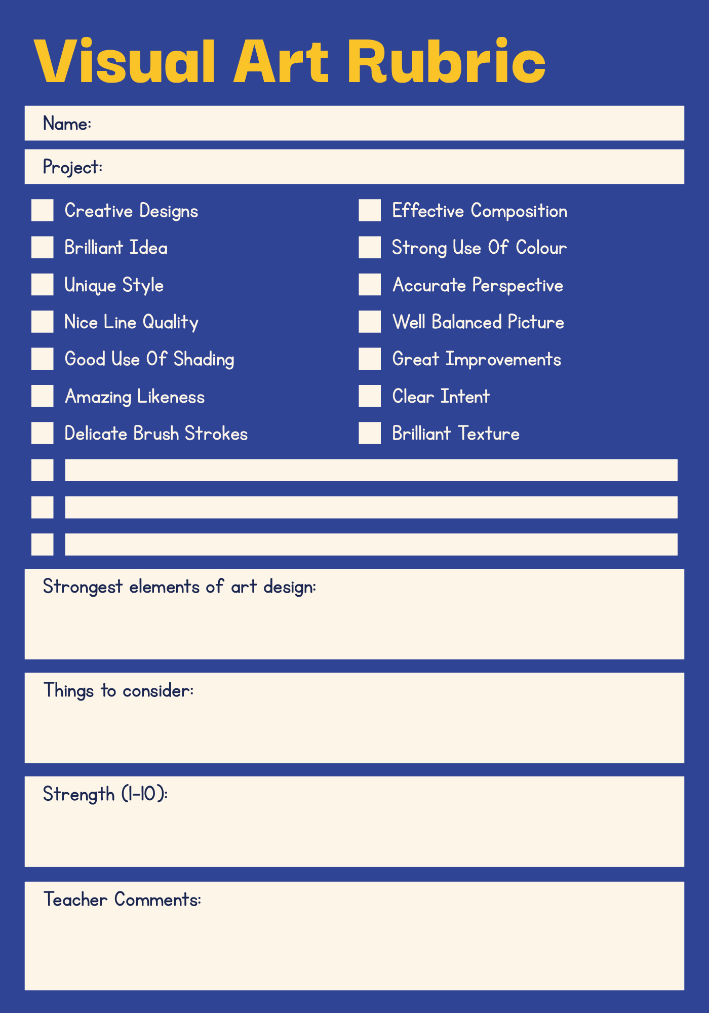 Printable Evaluation Sheet for Elementary Art Classes