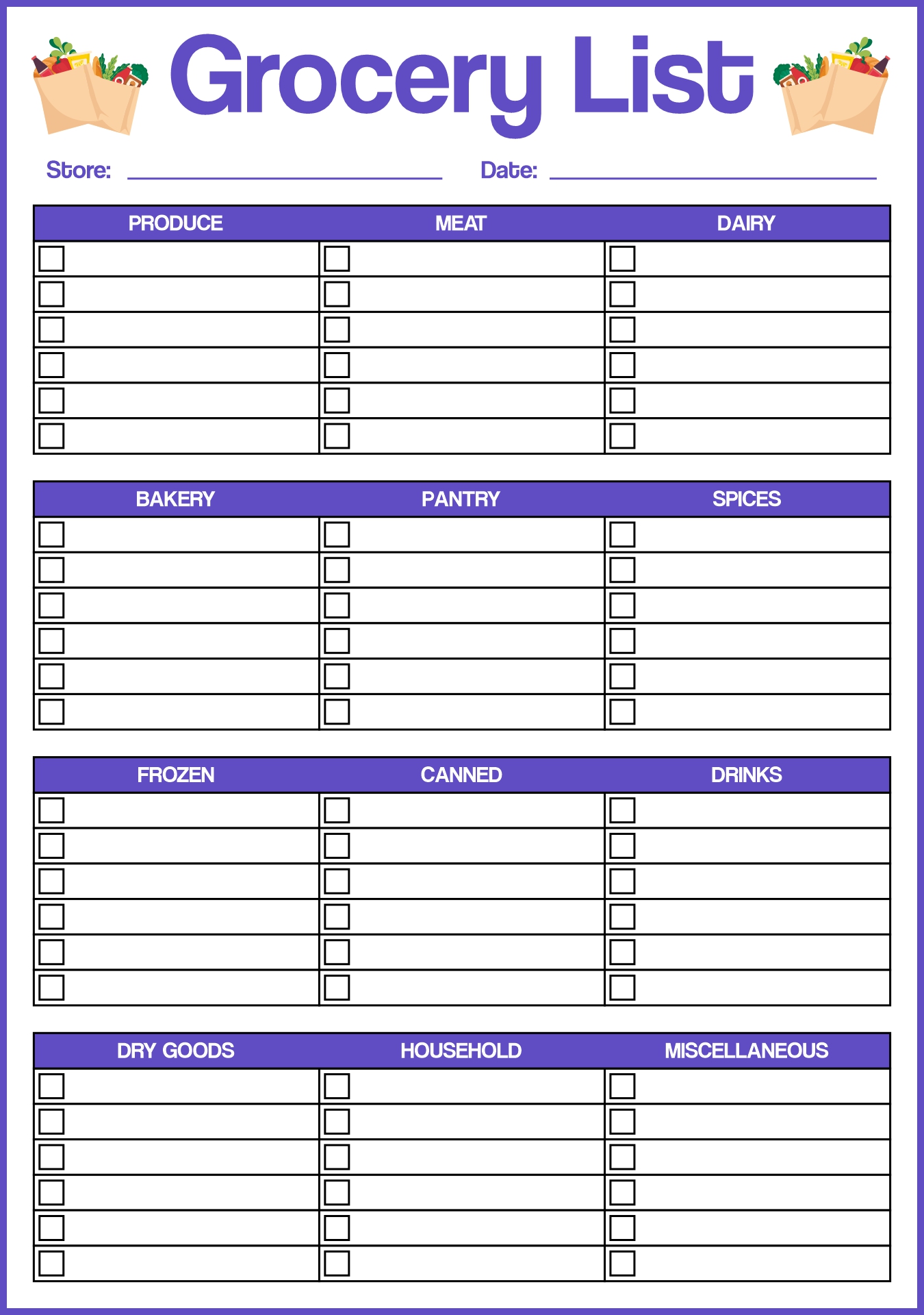 Printable Grocery List for Household