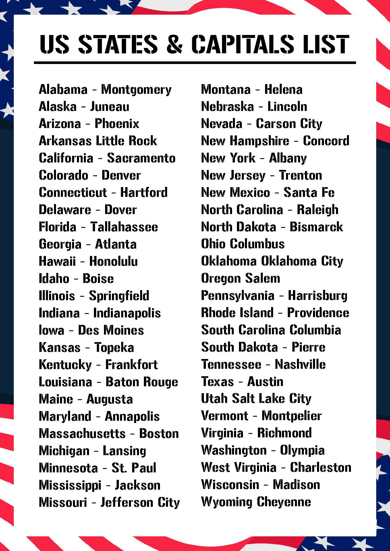 US State Capitals List - 11 Free PDF Printables | Printablee