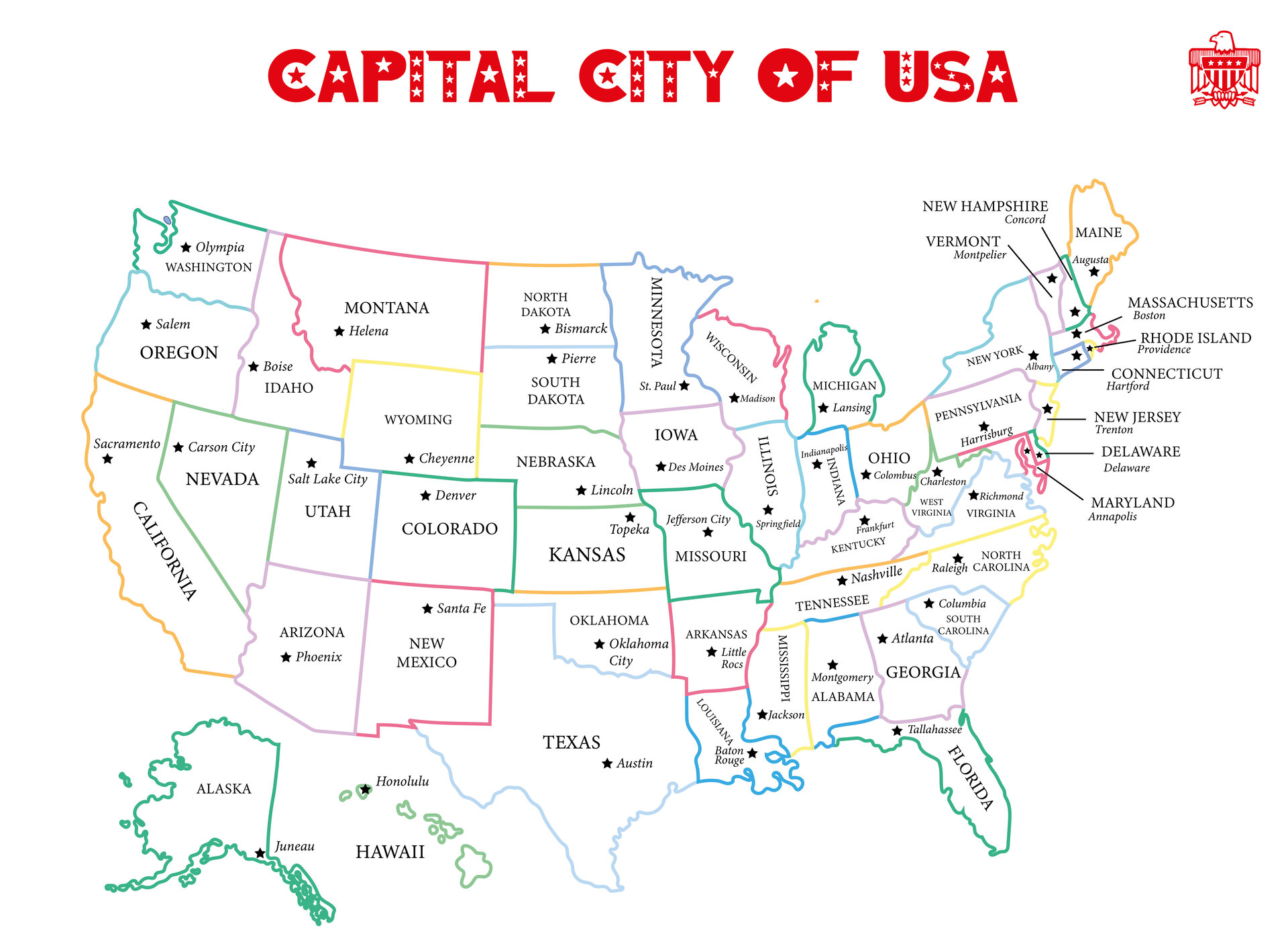 Printable Map of United States with Capitals