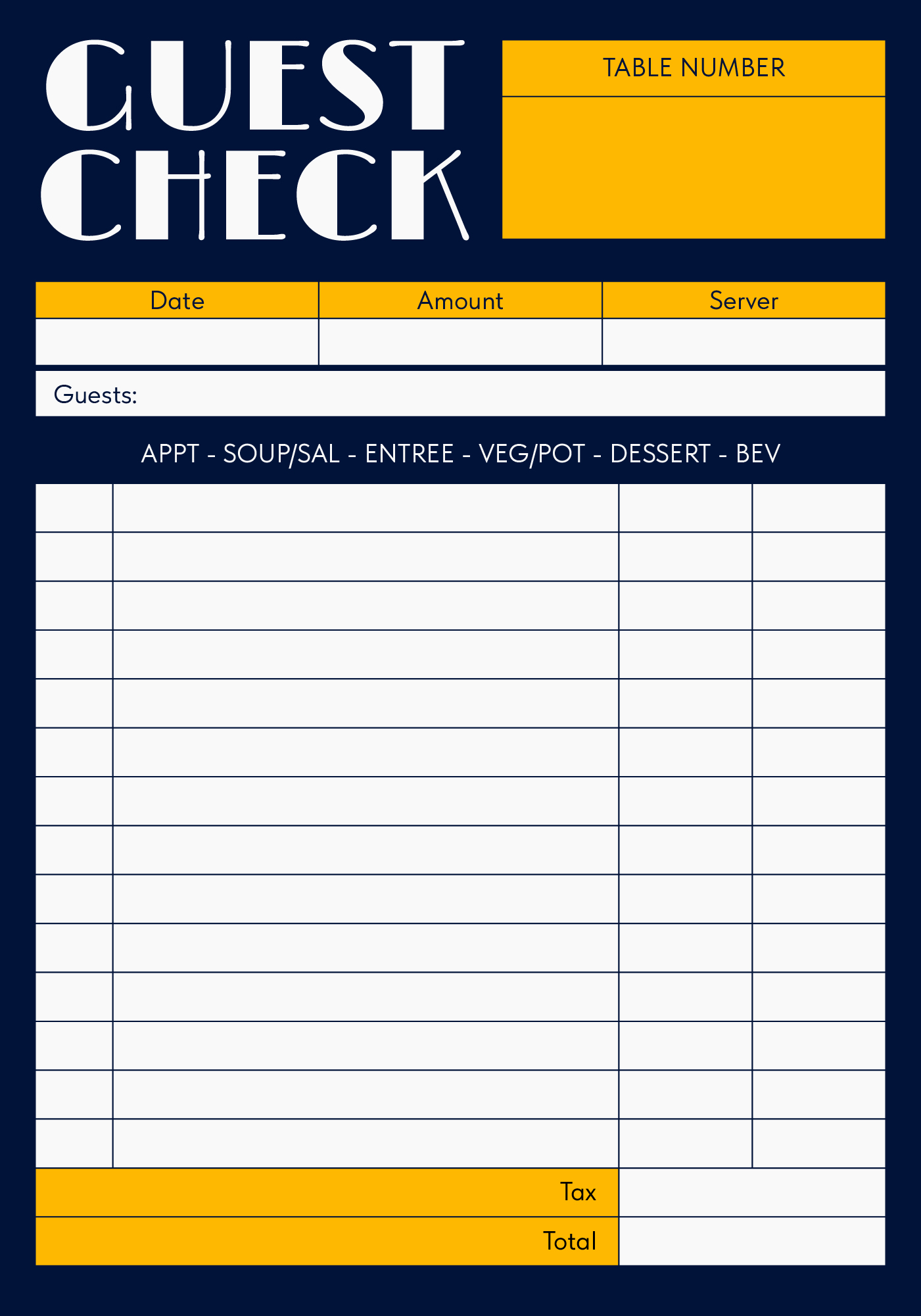 Printable Restaurant Guest Check Pads