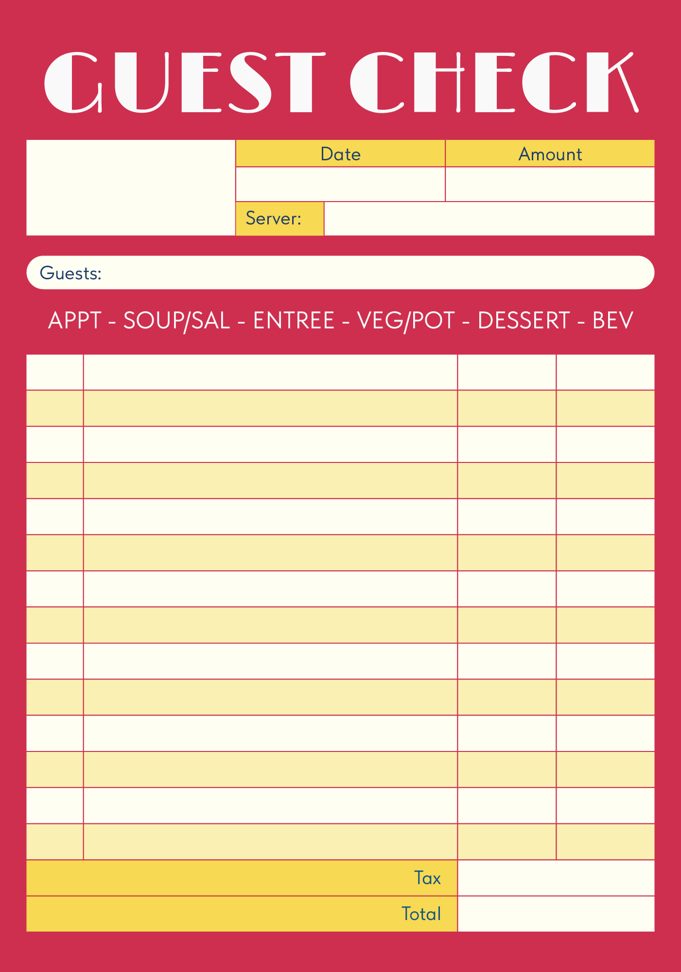 Restaurant Guest Check Sheets Printable