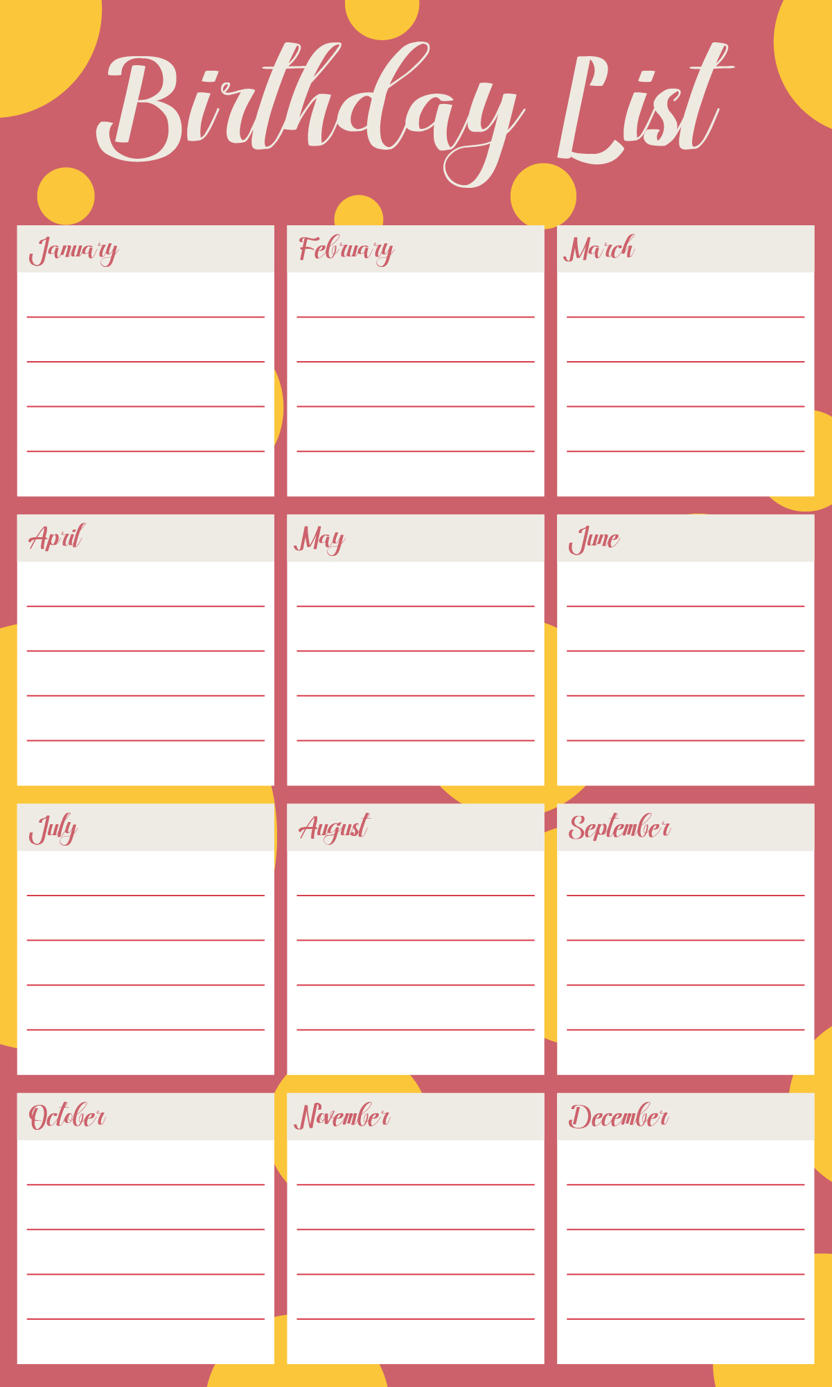 Student Birthday List Printable Sheets