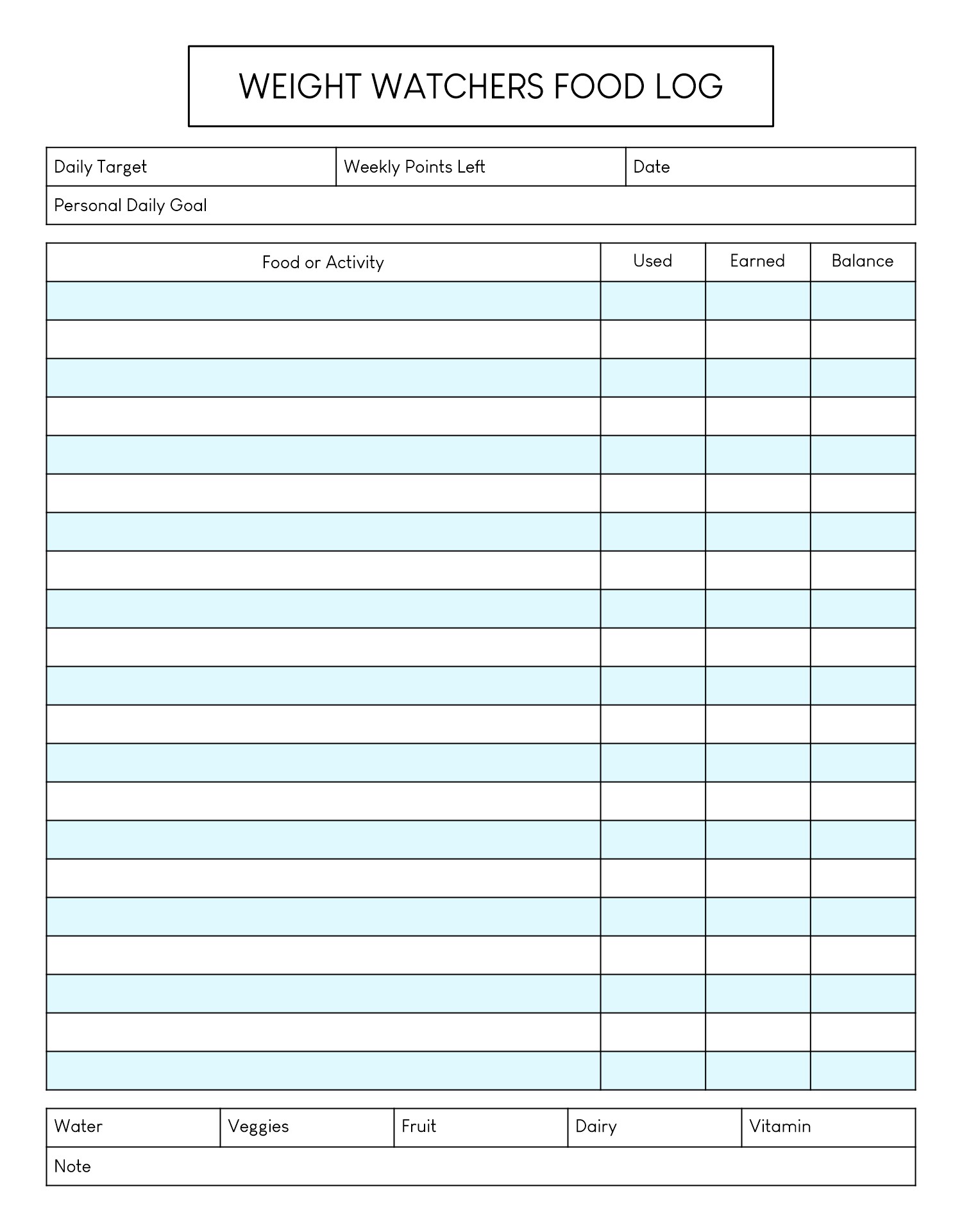 Weight Watchers Food Diary Log Printable