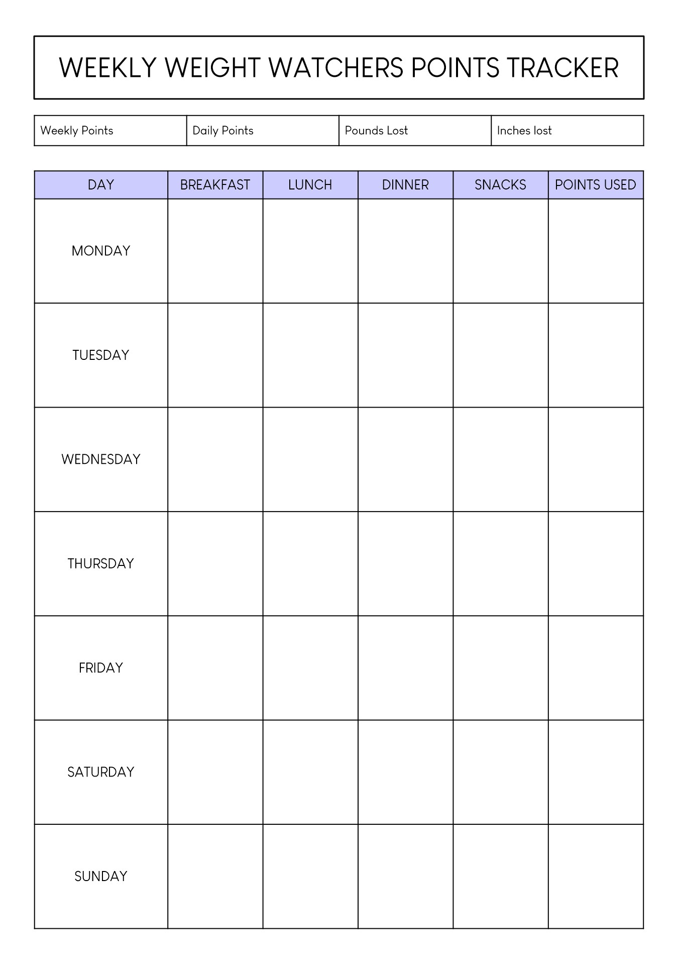 Weight Watchers Meal Tracker Sheet Printable