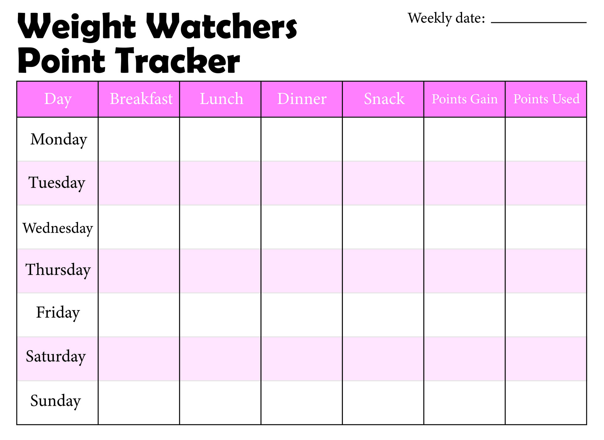 Weight Watchers Point Tracker Sheet Printable Weekly