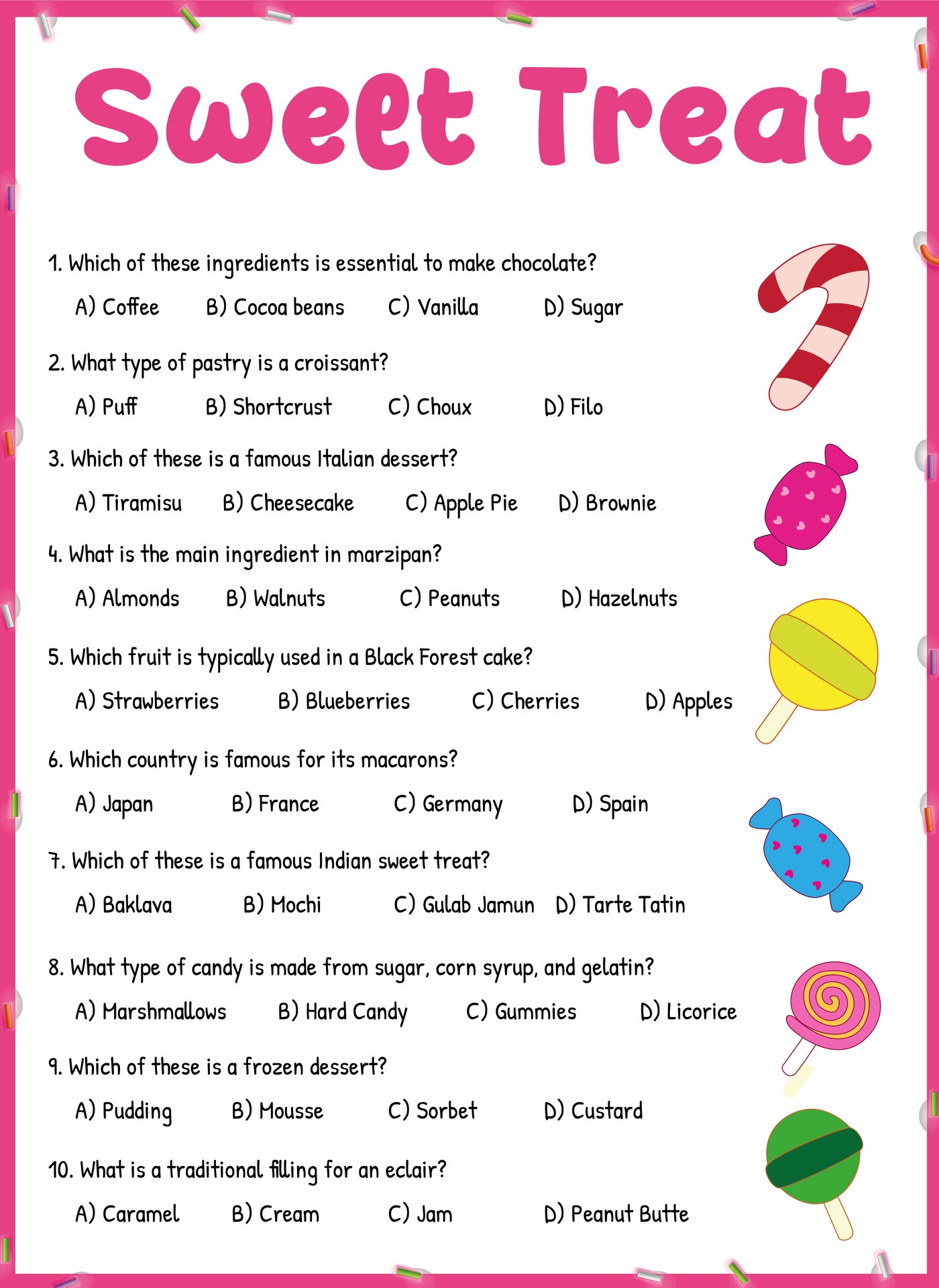 Sweet Treats Quiz Sheets