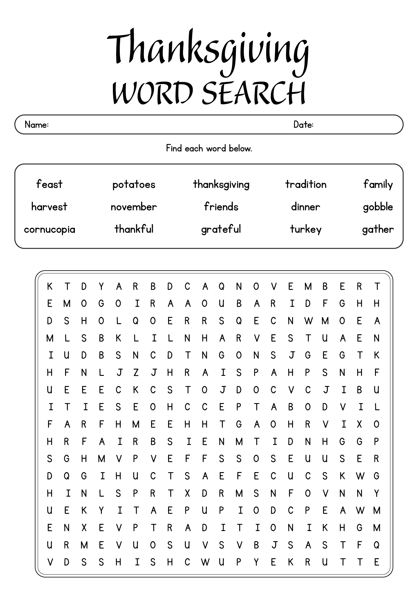 Easy Thanksgiving Word Search Printables