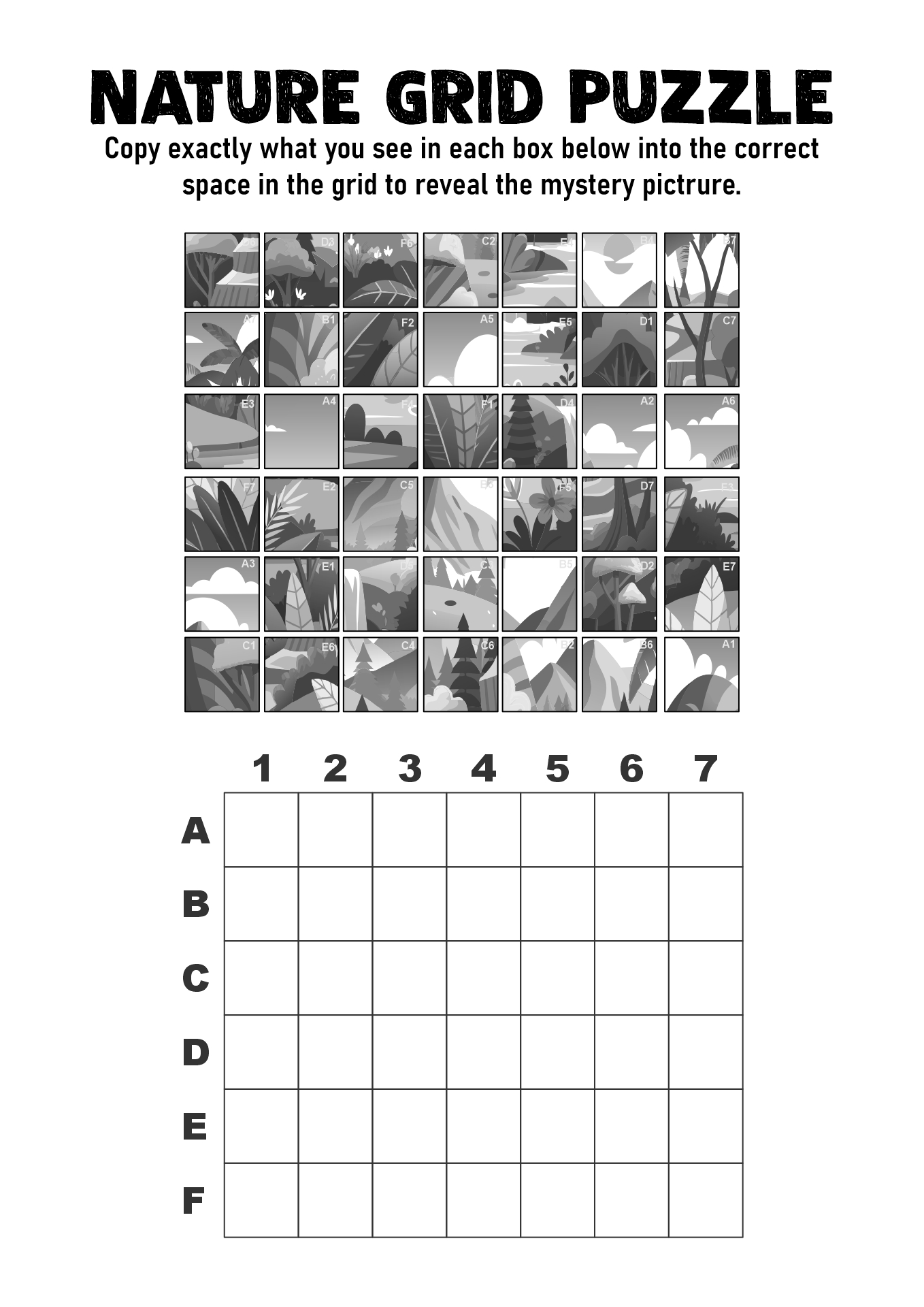 Nature Scene Mystery Grid Drawing Printables