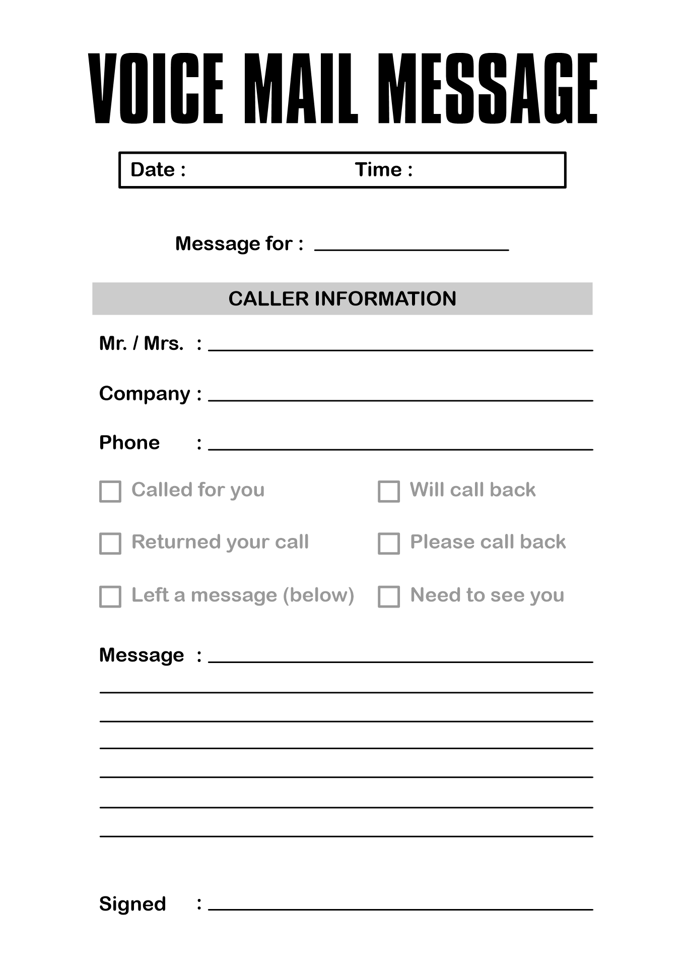 Office Voice Mail Message Pad Printable