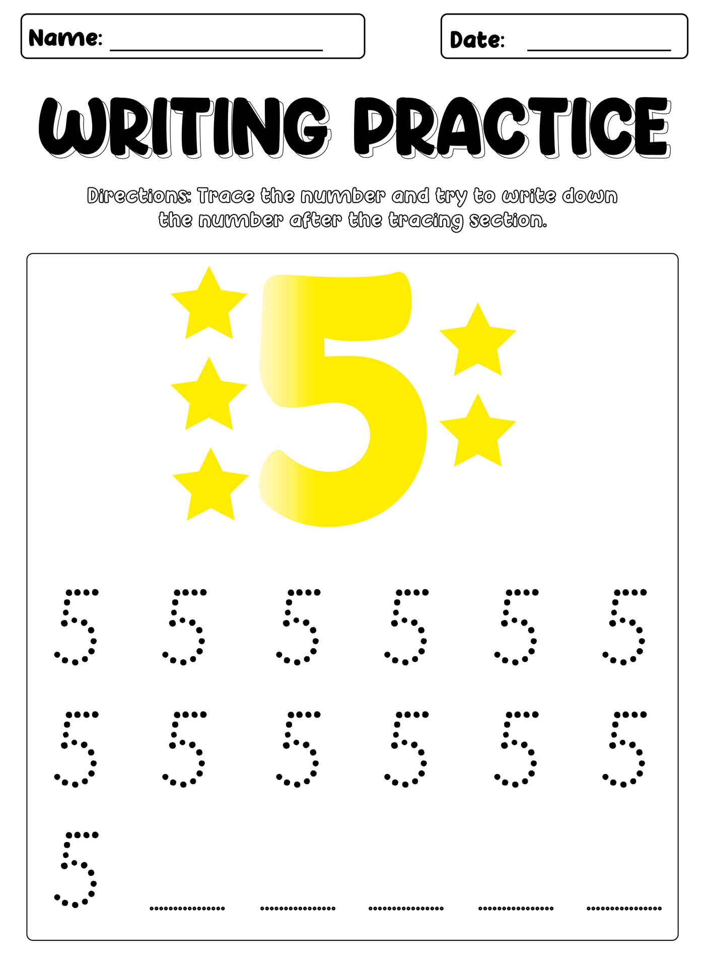 Printable Number 5 Practice Sheet