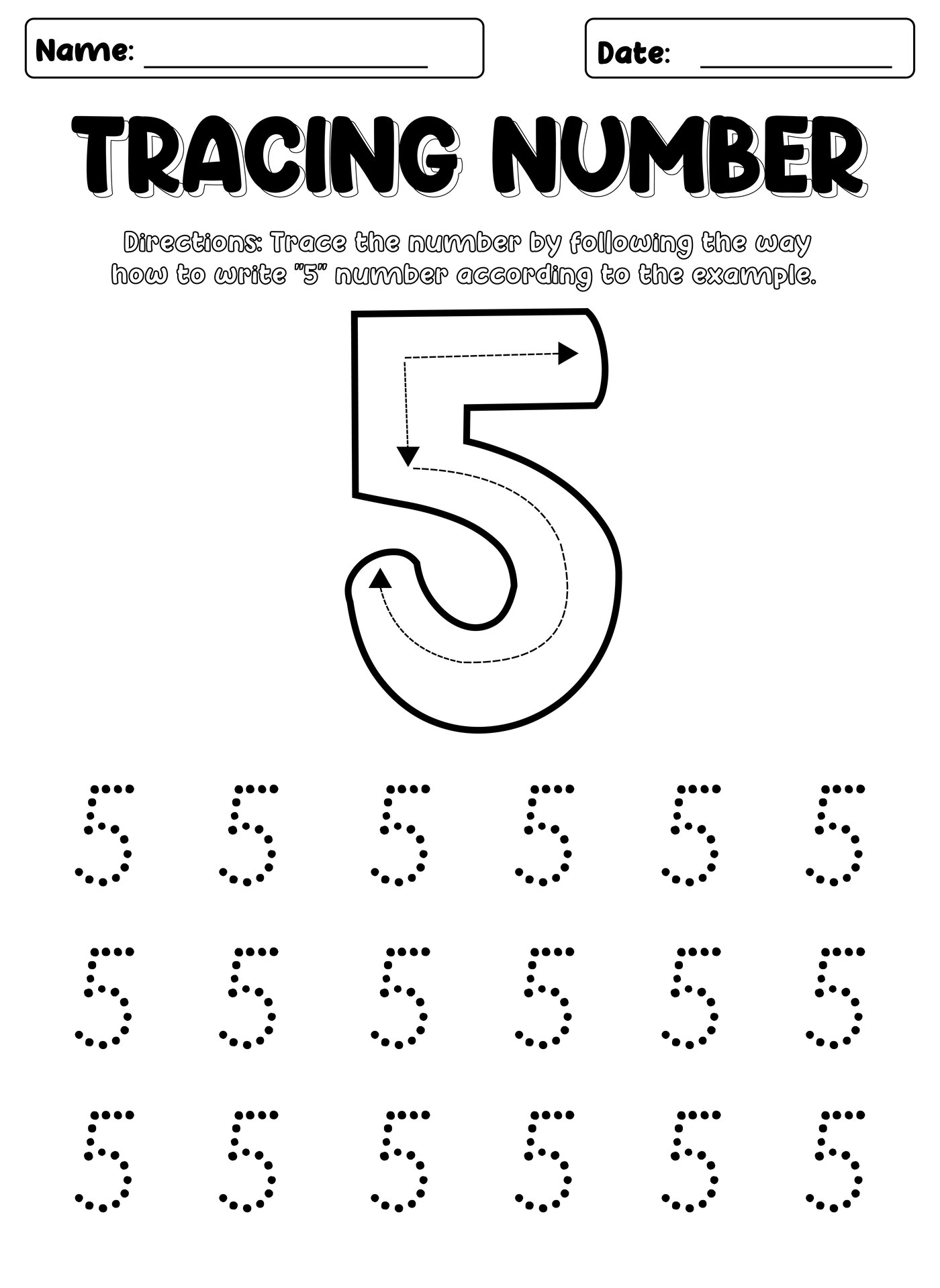 Printable Number 5 Tracing Worksheet