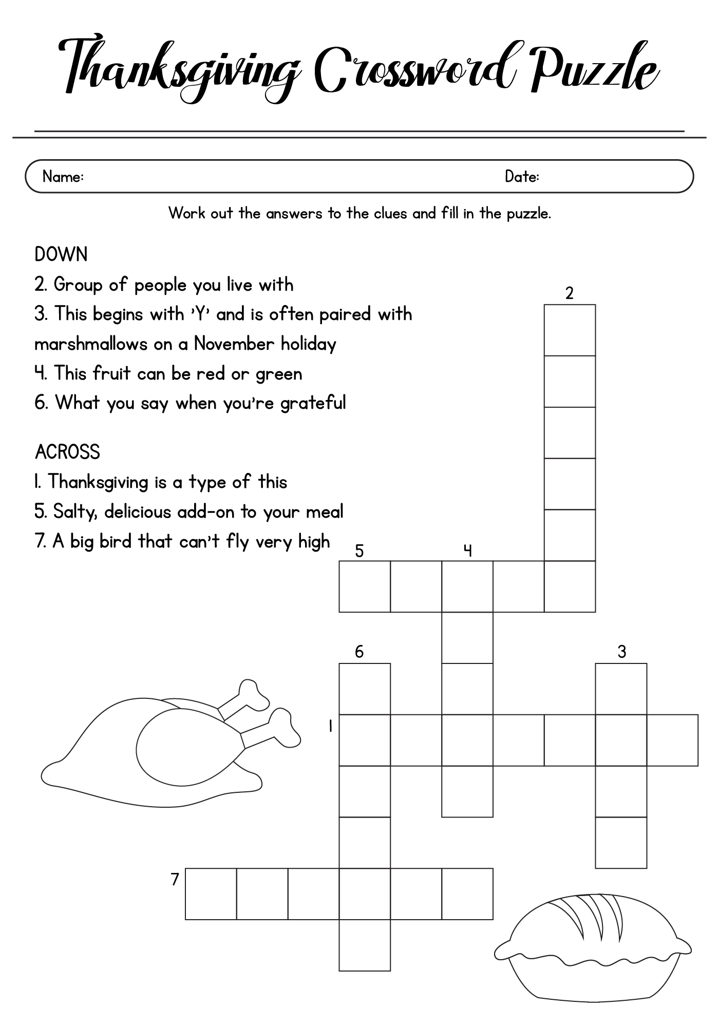 Printable Thanksgiving Crossword Puzzles for Kids