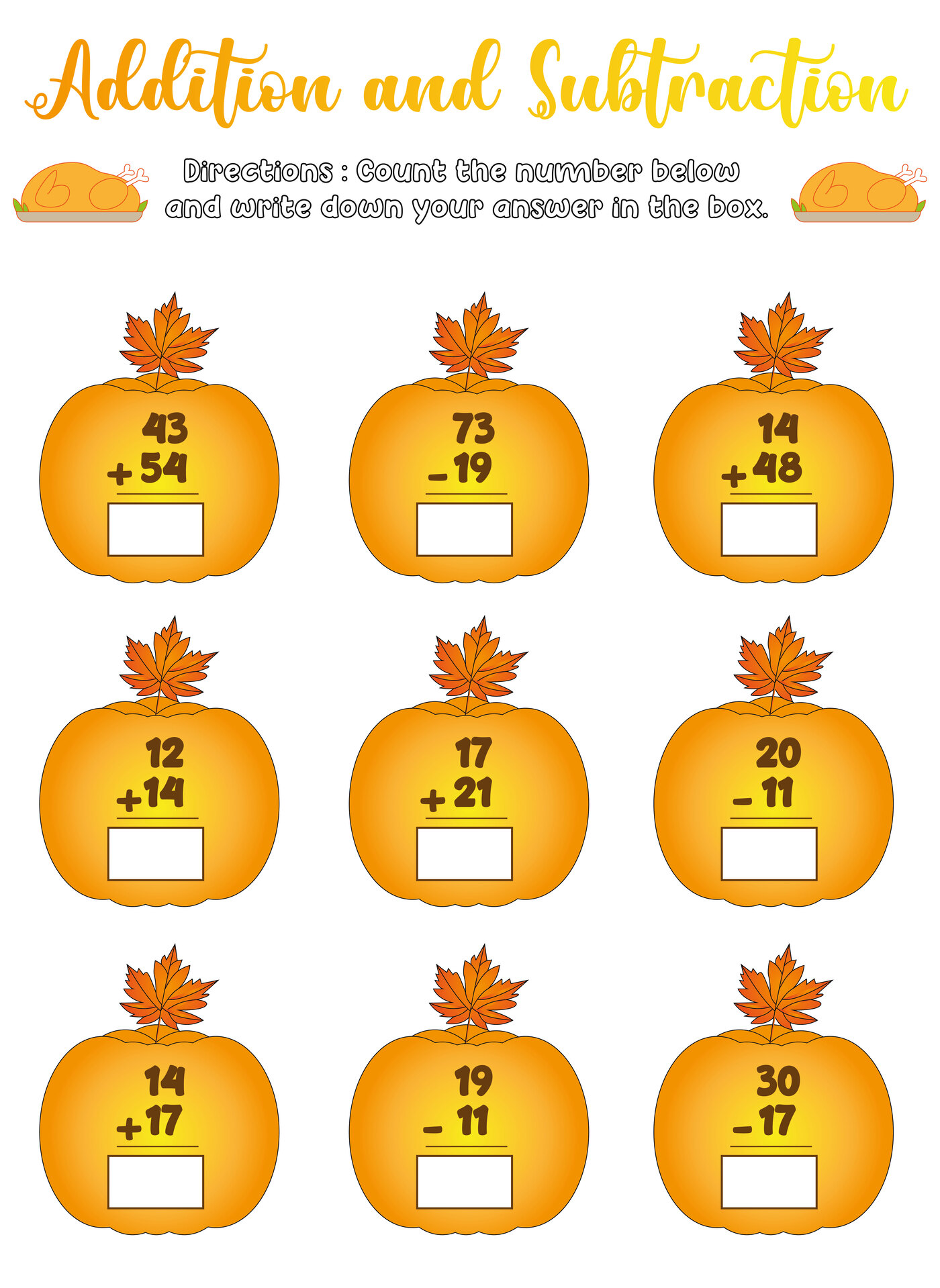 Thanksgiving Addition and Subtraction Worksheets