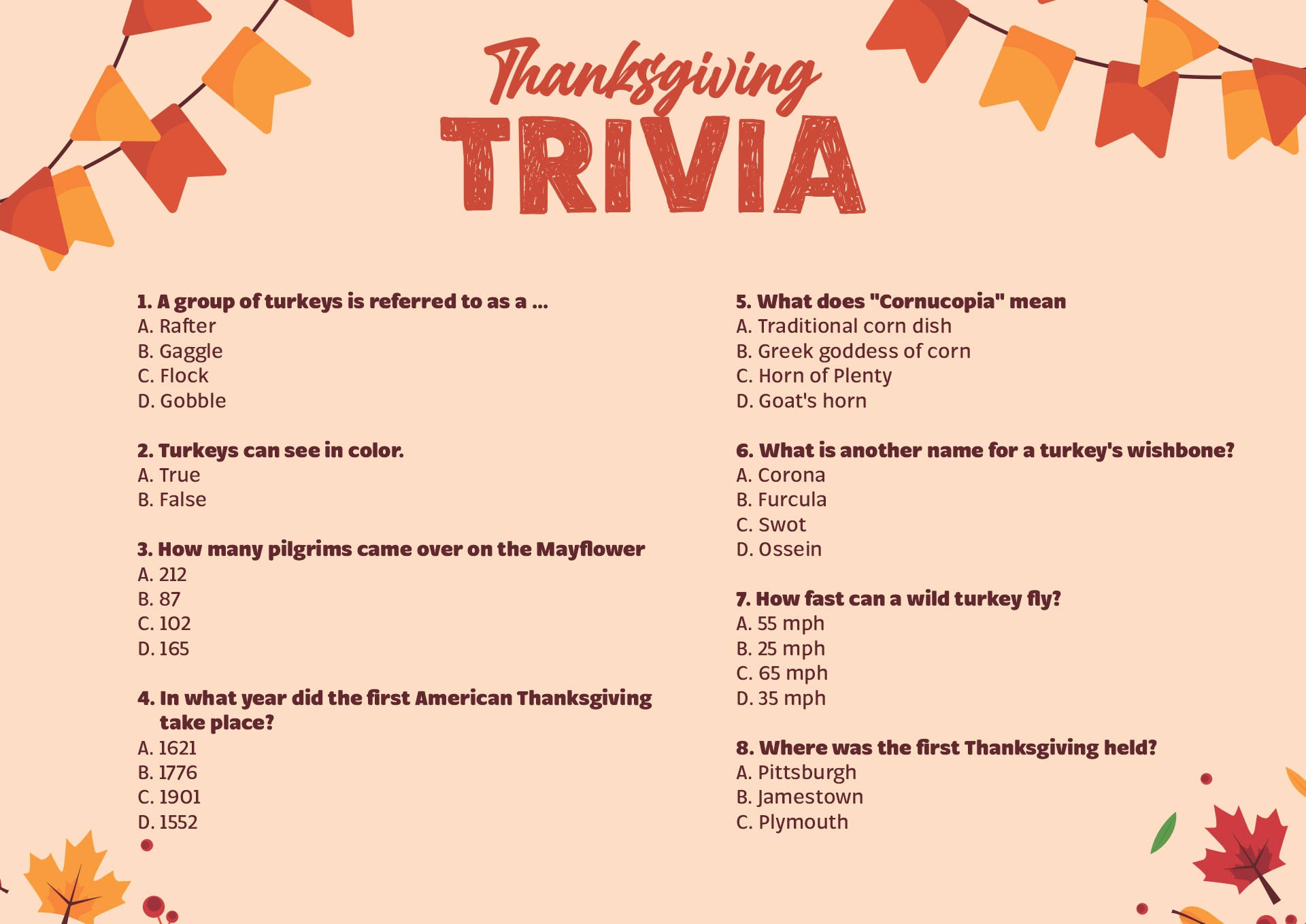 Thanksgiving Dinner Trivia Worksheet