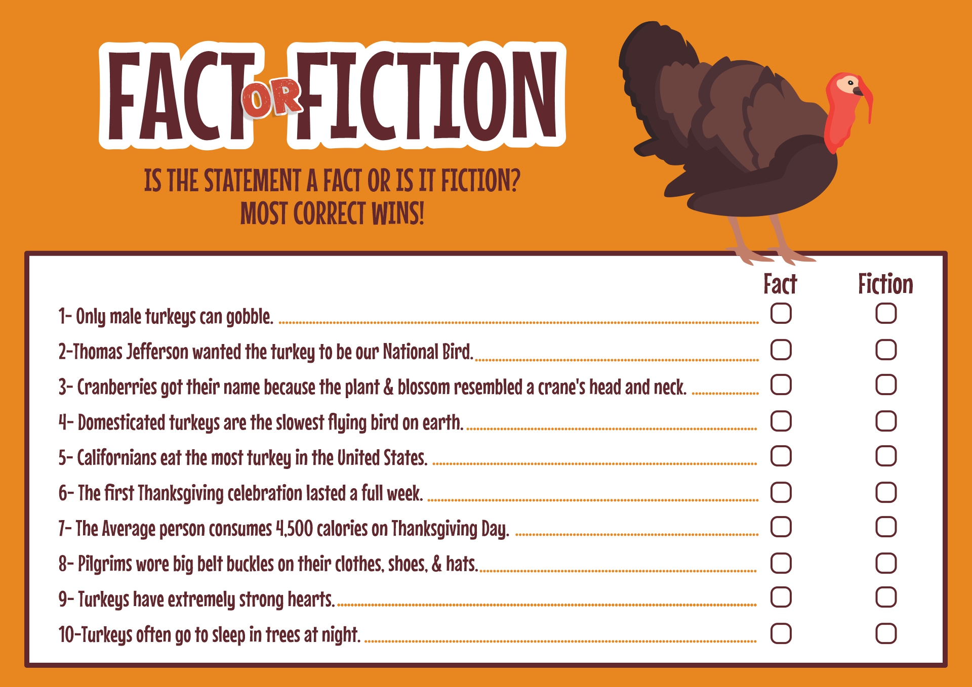 Thanksgiving Fun Facts Game Print