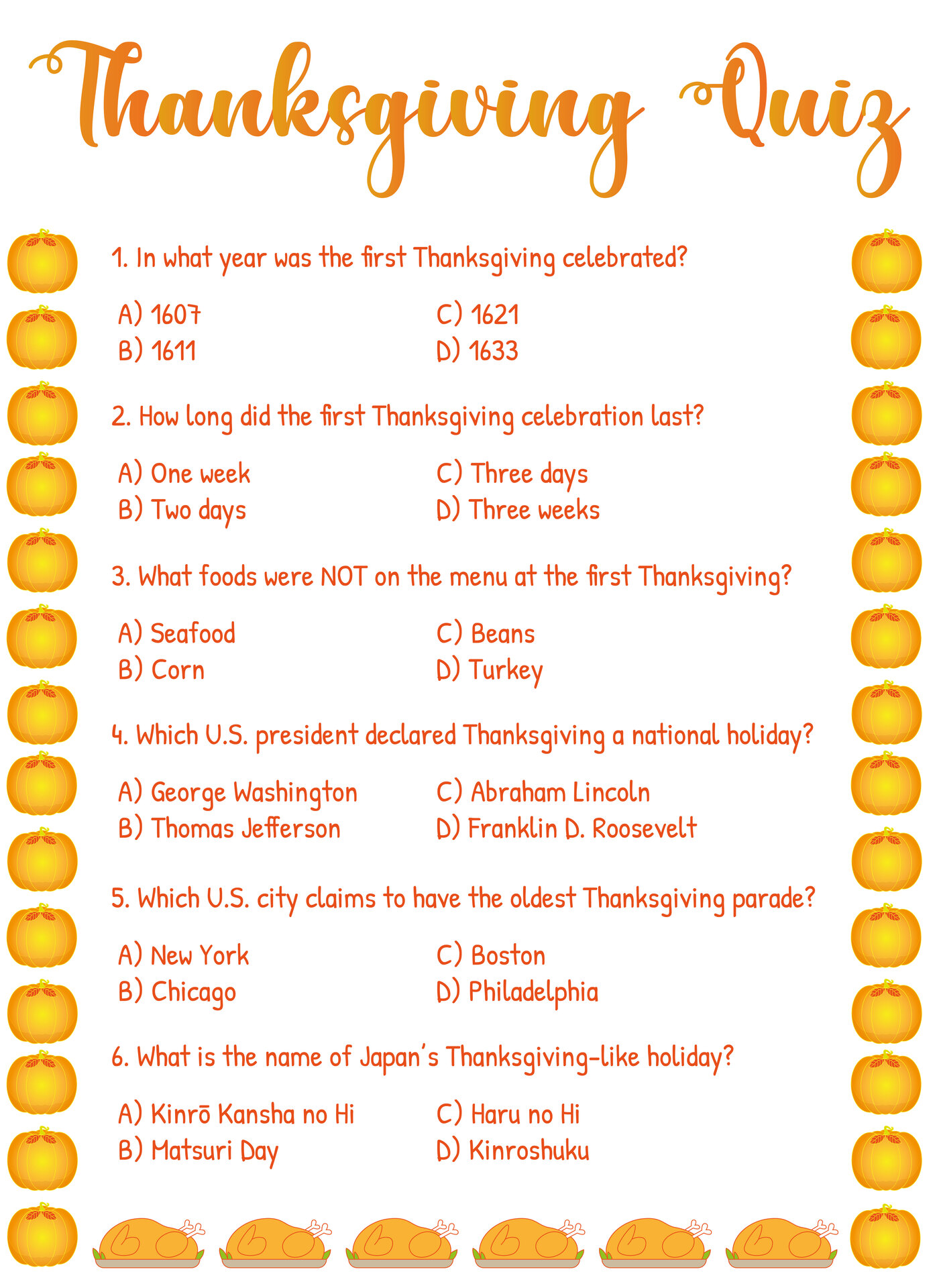 Thanksgiving History Trivia Game