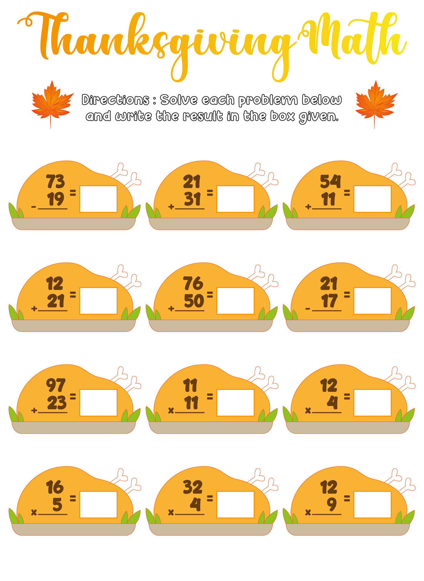 4th Grade Thanksgiving Math Challenge Worksheets