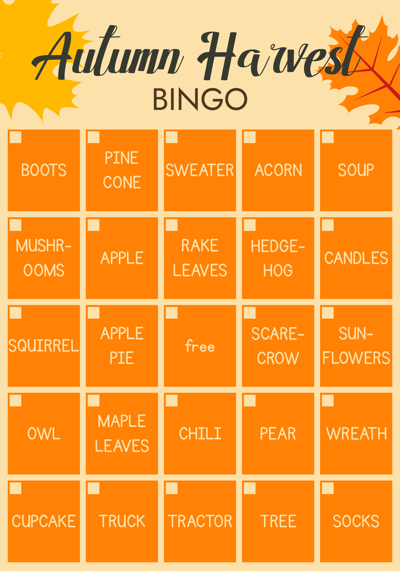 Autumn Harvest Bingo Printable