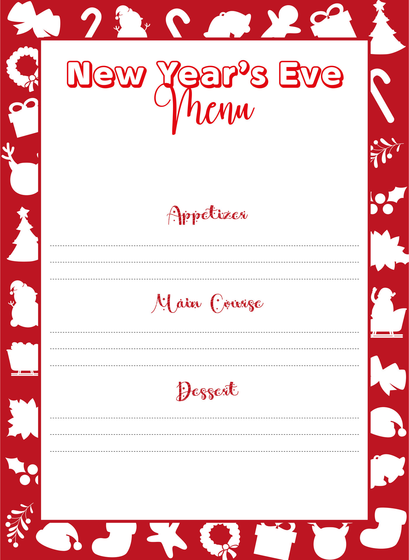 Christmas and New Years Eve Menu Template Printable