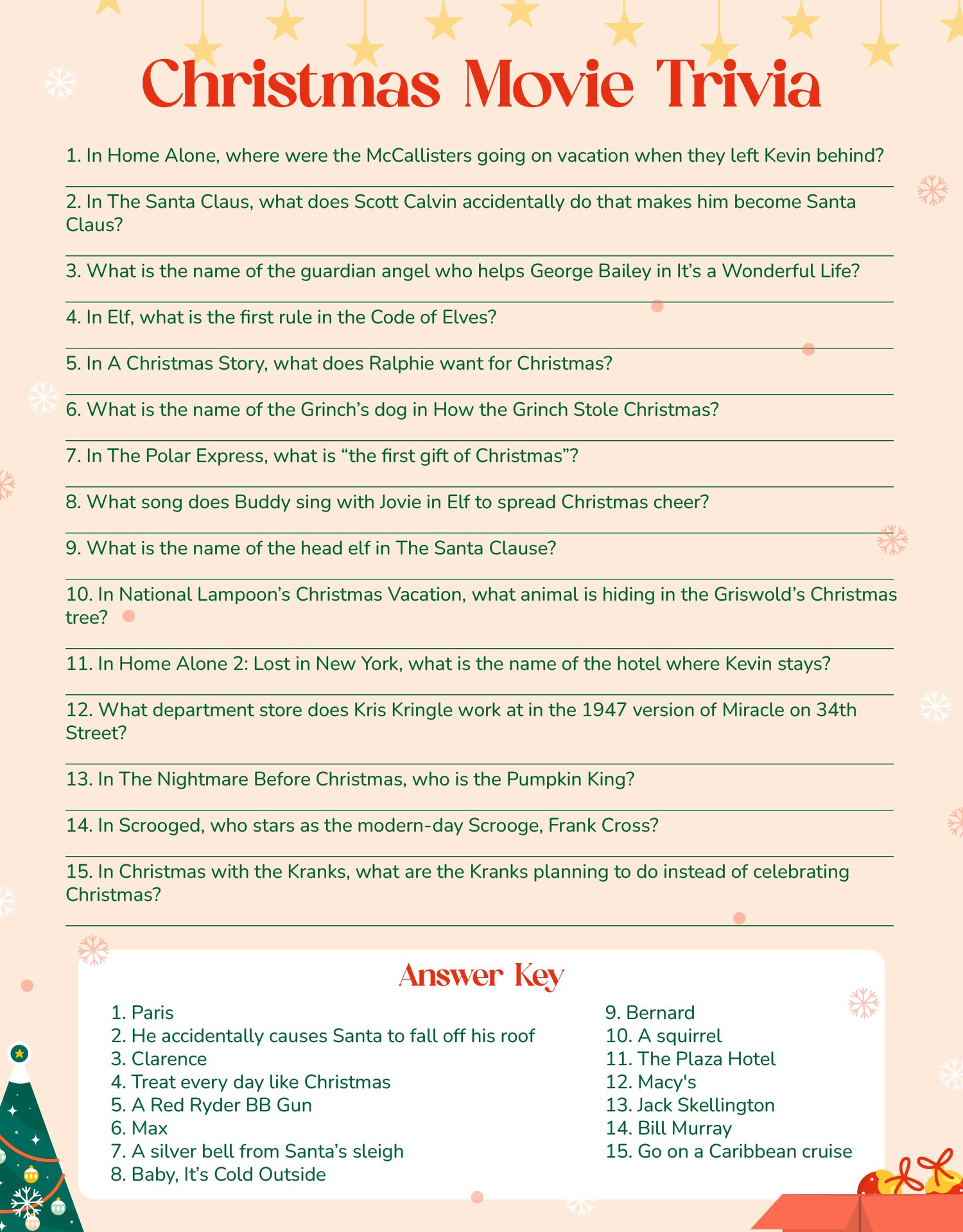 Christmas Movie Trivia Questions and Answers Sheets