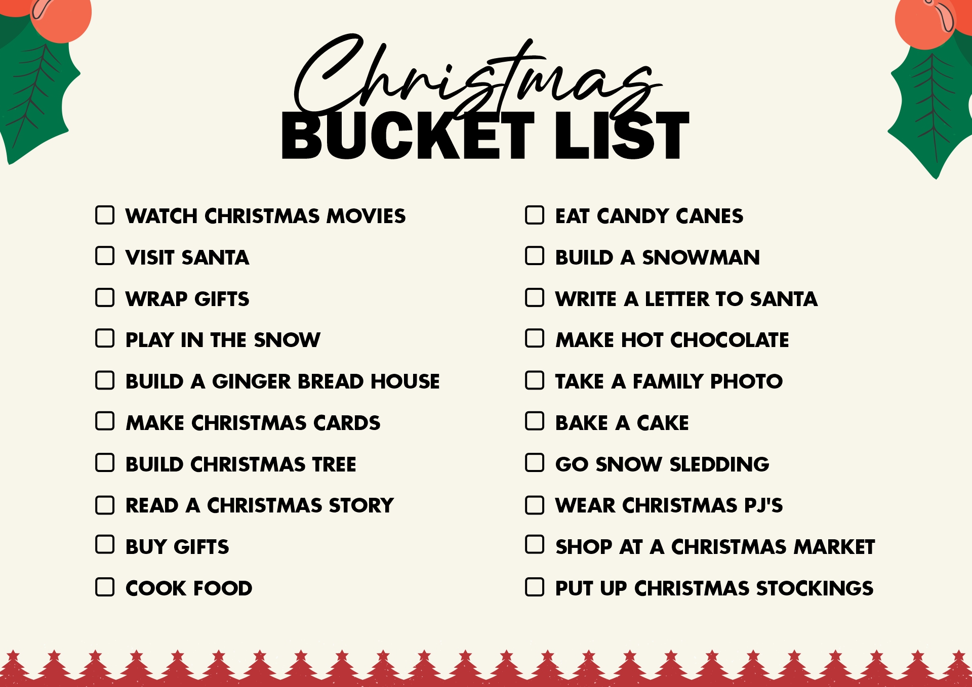 December Bucket List Printable Christmas