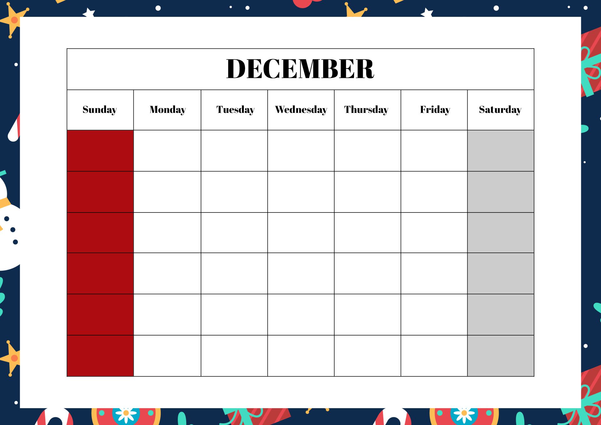 December Christmas Holiday Calendar Printable