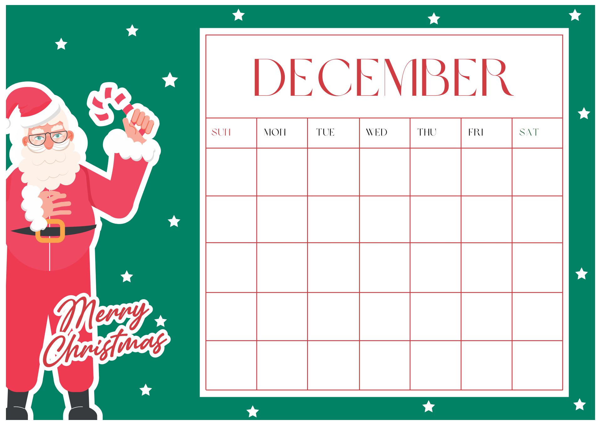 December Santa-Themed Calendar Printable