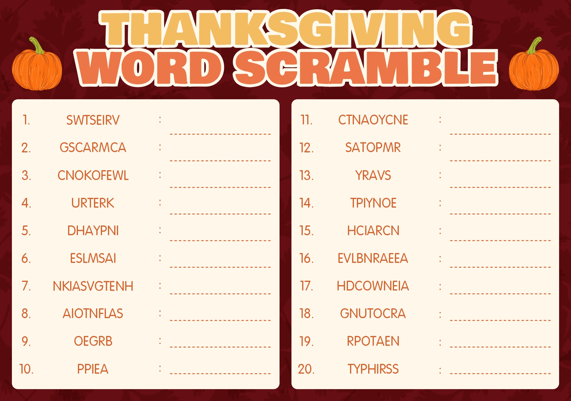 Easy Thanksgiving Word Scramble Game Printable