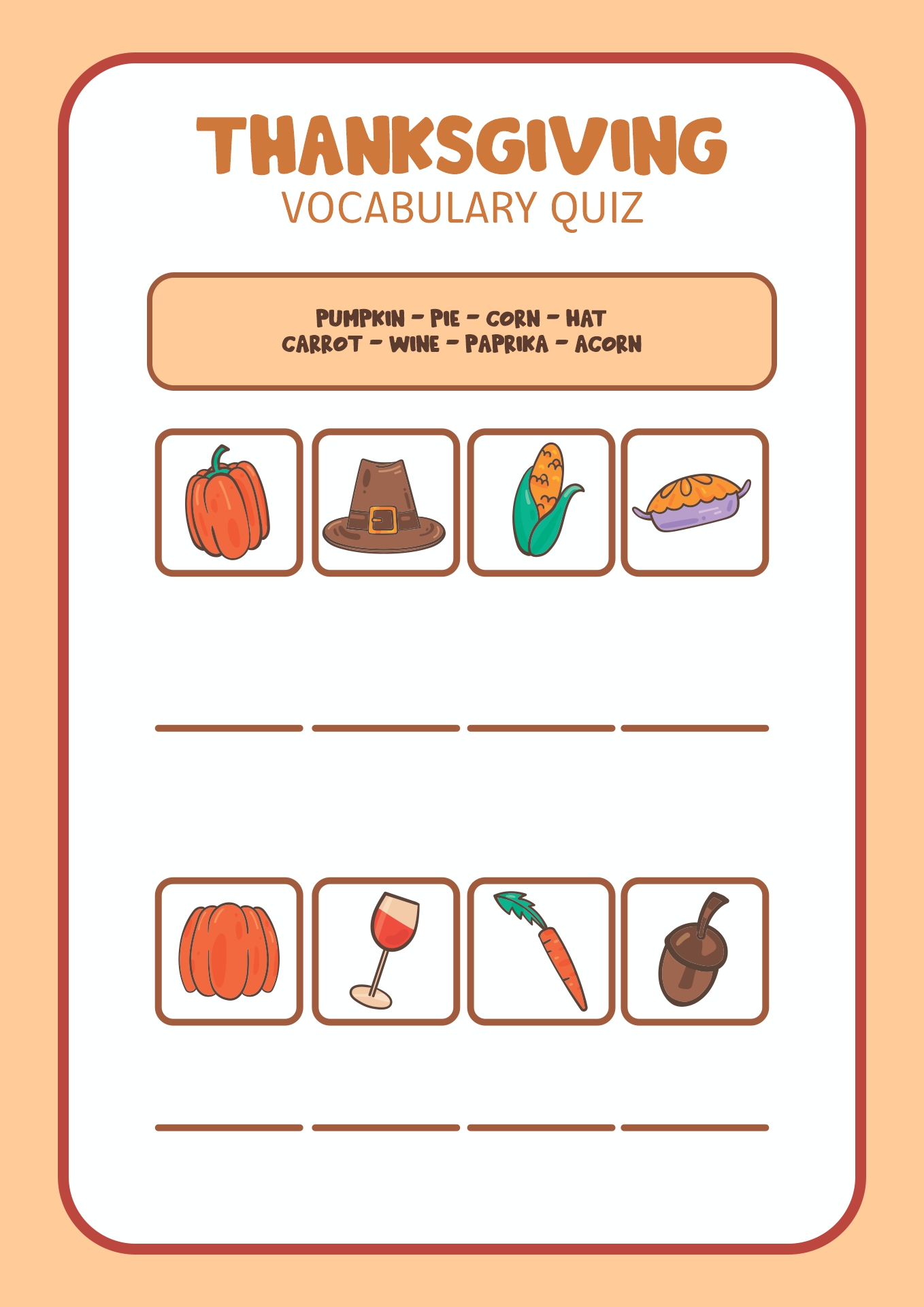 Fall Harvest Vocabulary Quizzes