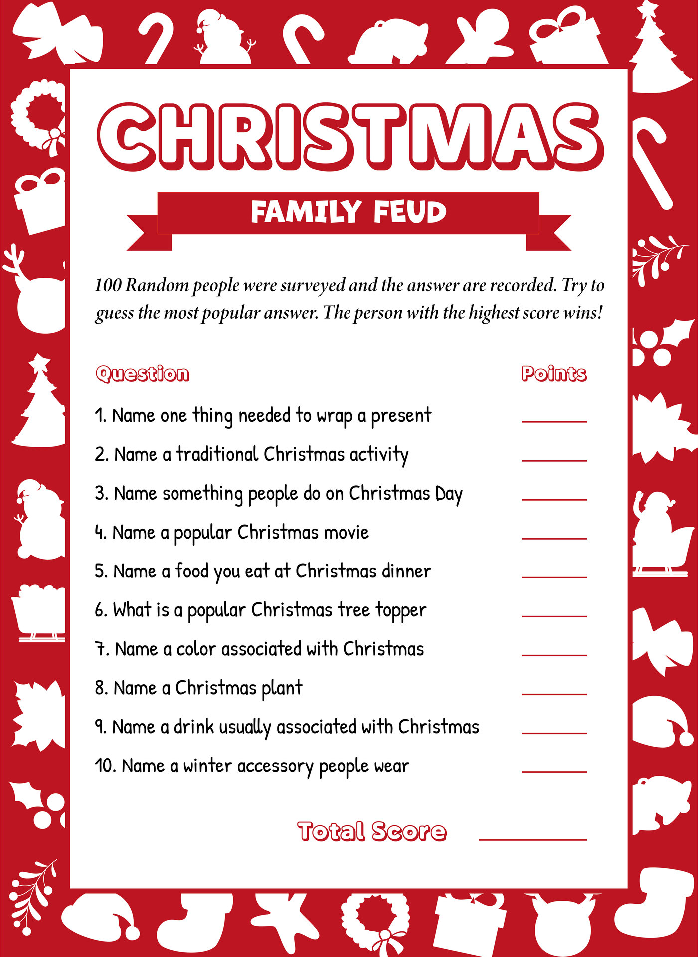 Family Christmas Feud Question Sheets Printable