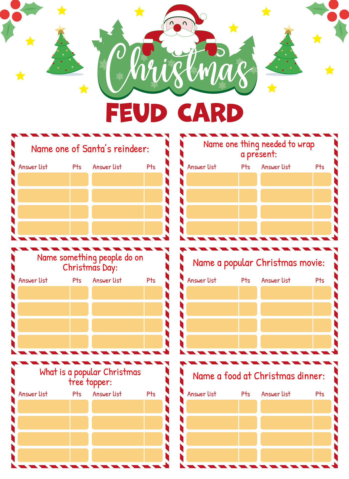 Holiday Feud Game Cards for Christmas Printable