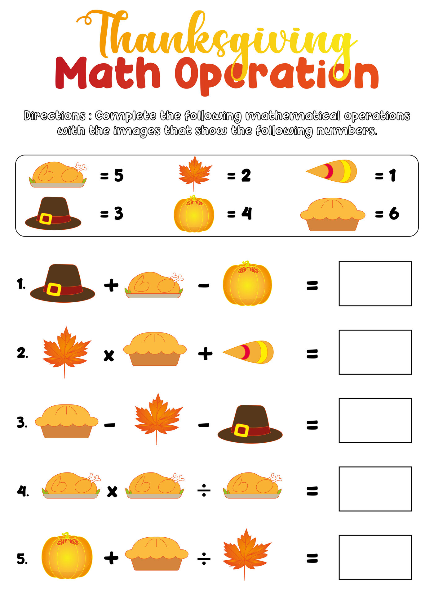 Holiday Math Worksheets for Grade Four Thanksgiving