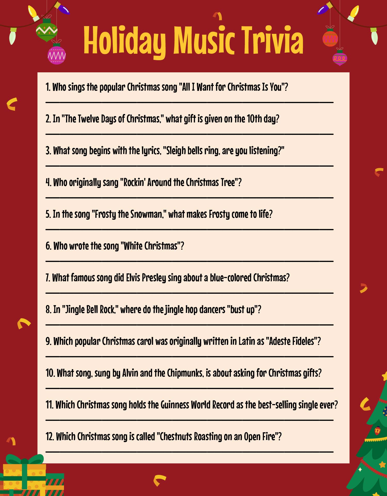 Holiday Music Trivia Game Printables