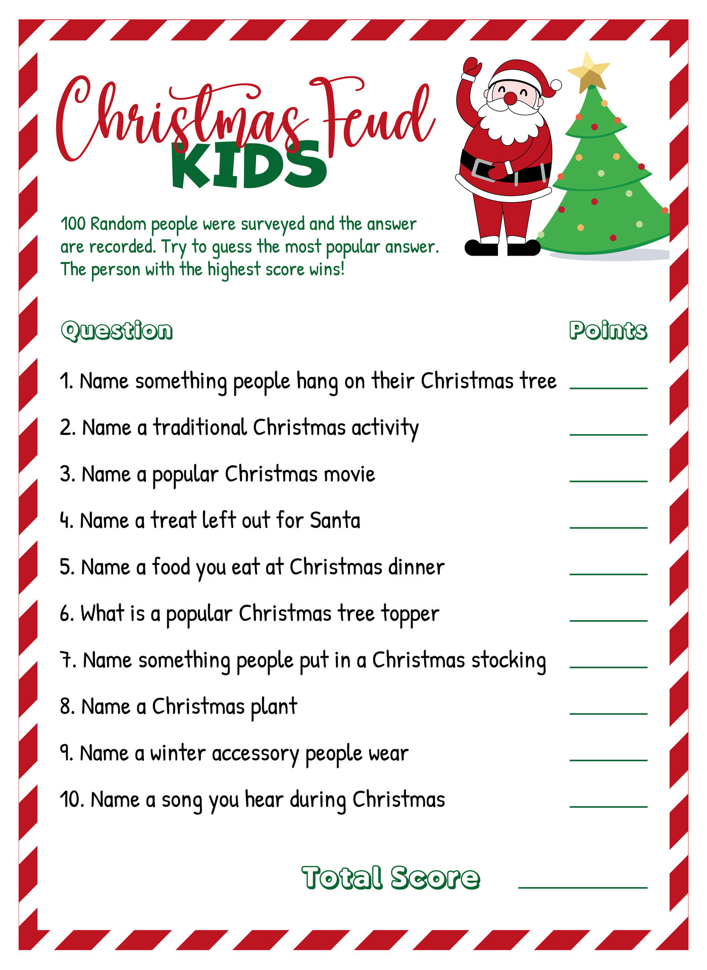 Kids Christmas Feud Printable Activity Sheets