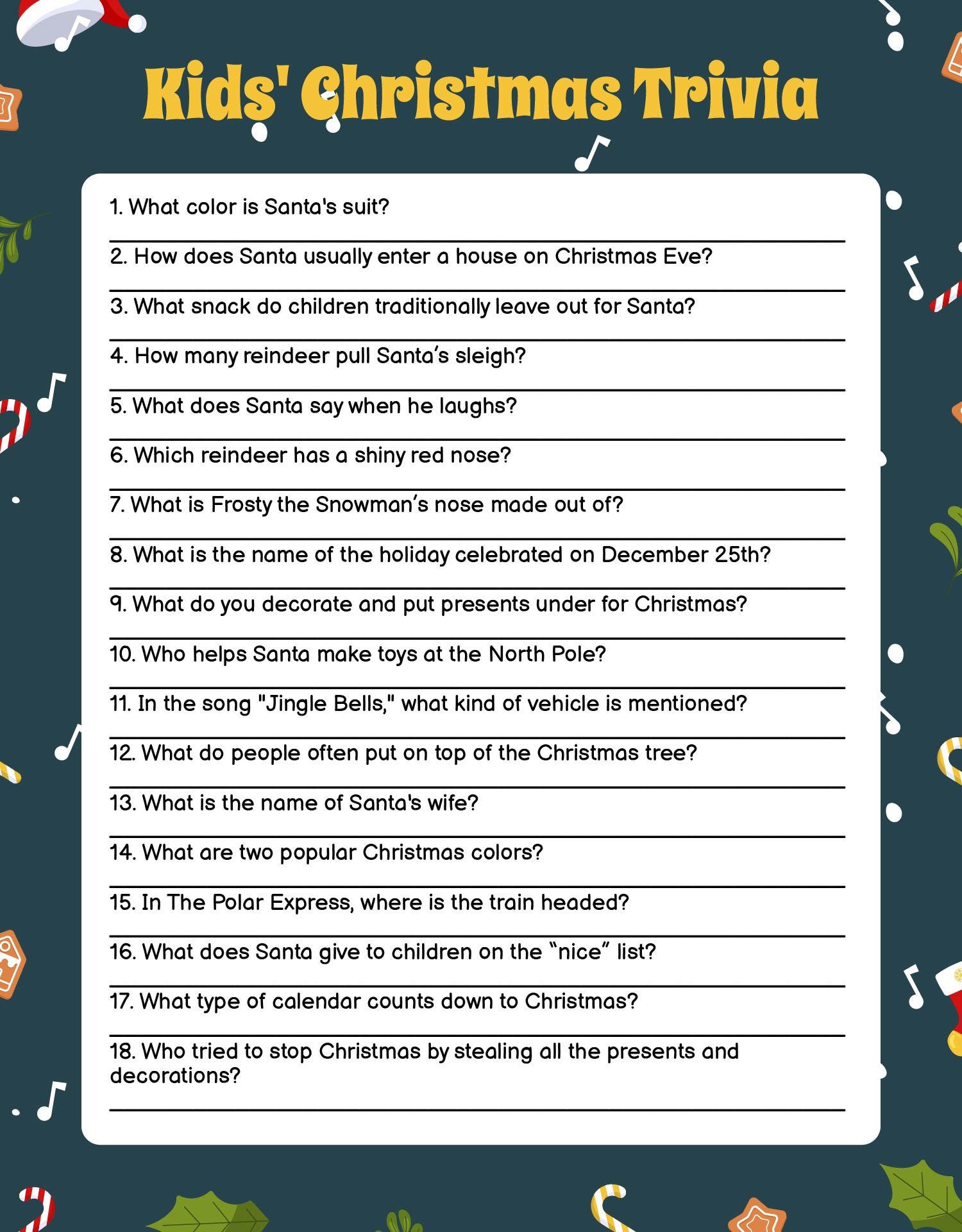 Kids Christmas Trivia Question Sheets Printable