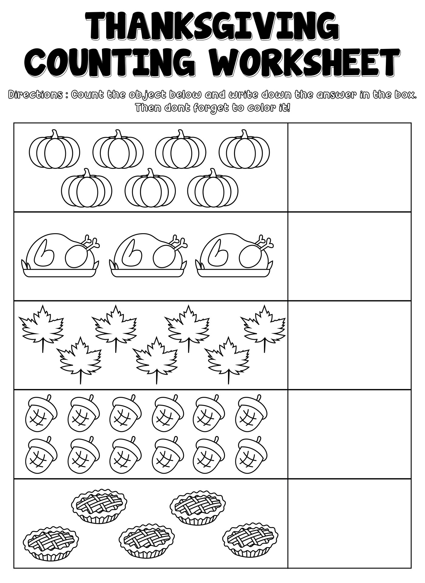 Kindergarten Thanksgiving Counting Activity Sheets