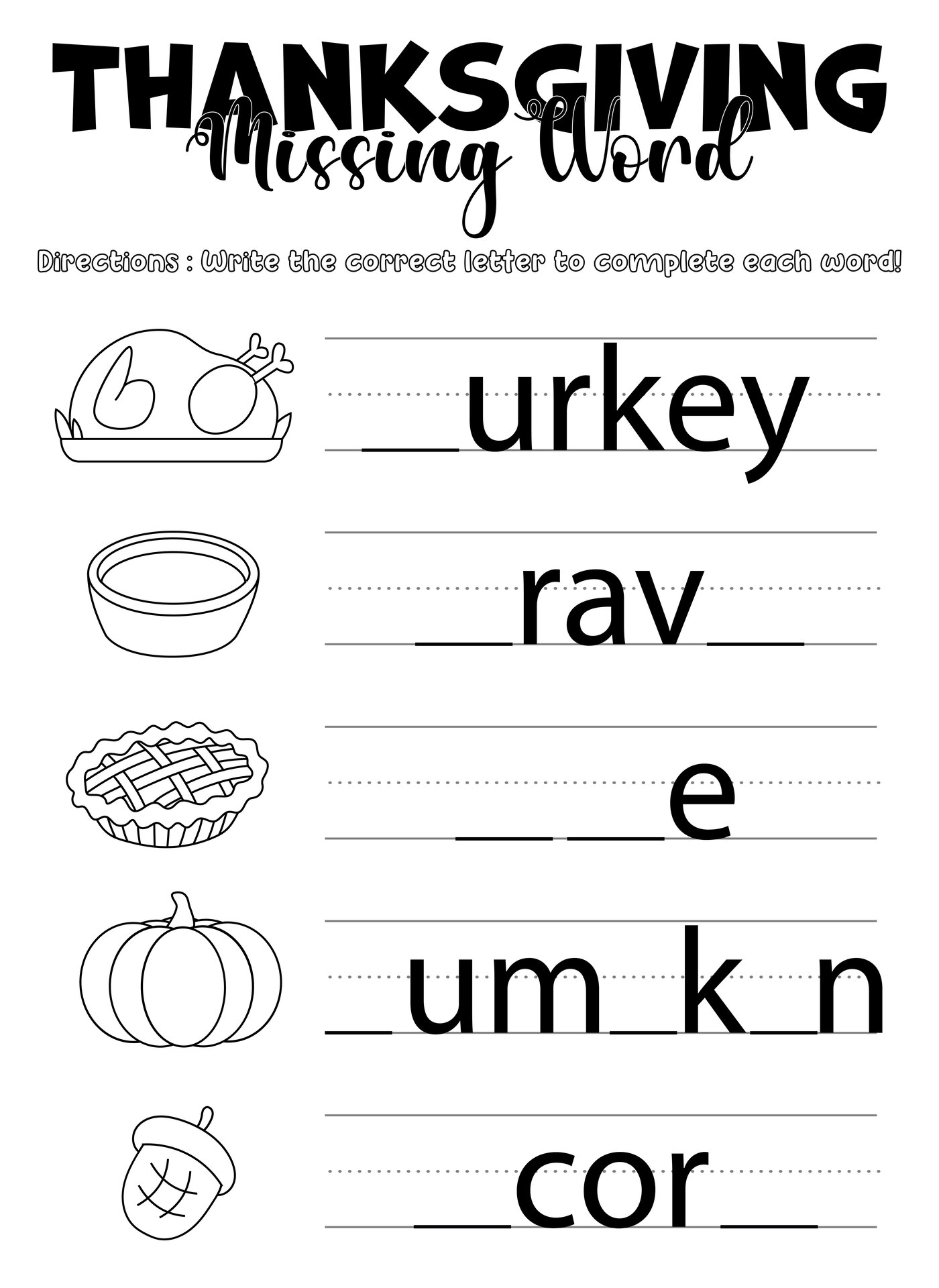 Kindergarten Thanksgiving Missing Letter Worksheets