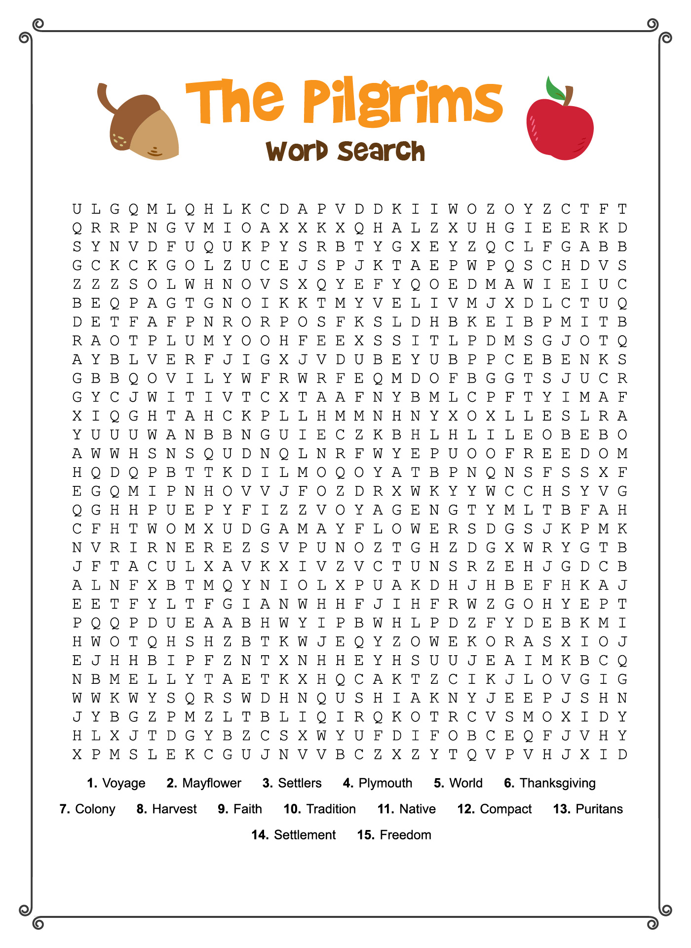 Pilgrim Word Search Worksheets for Second Grade