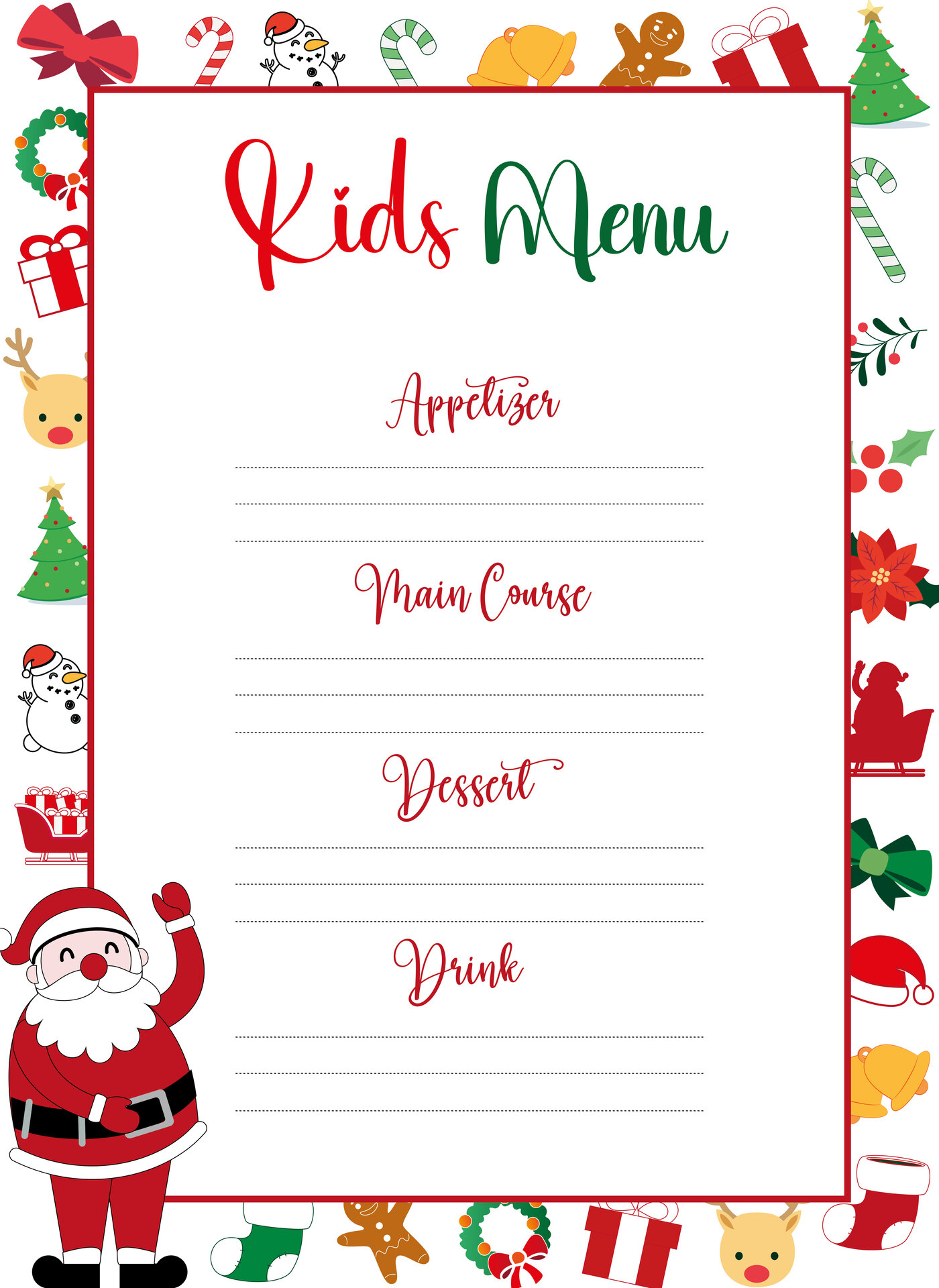 Printable Christmas Dinner Menu for Kids