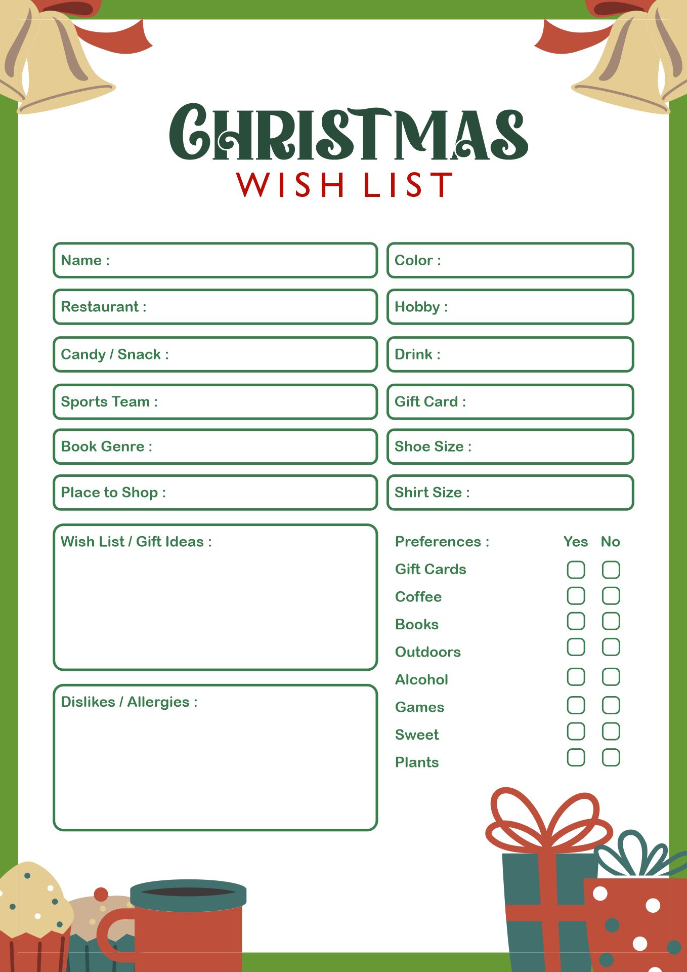 Printable Christmas Gift Wish List for Couples