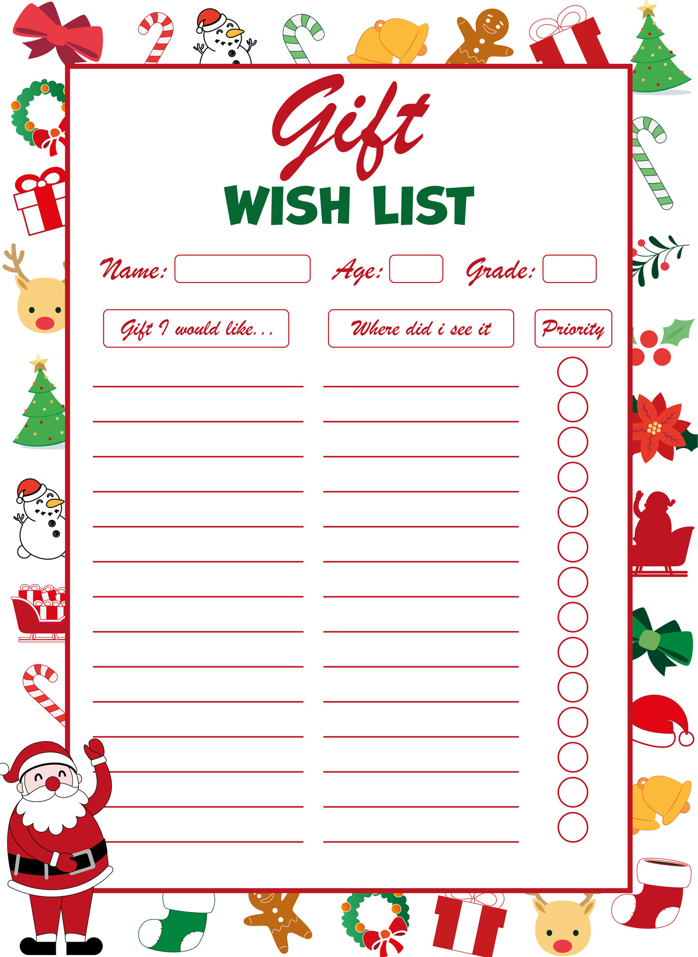 Printable Christmas Gift Wish List for Kids