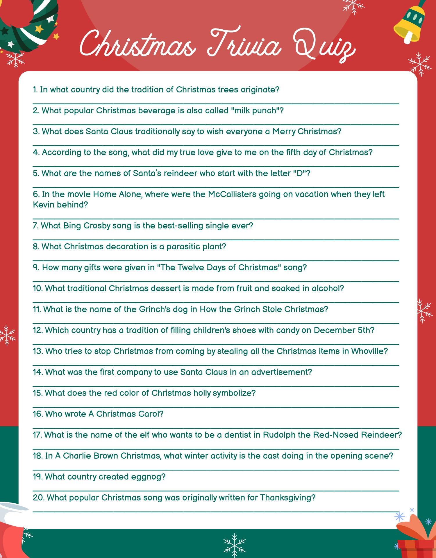 Printable Christmas Trivia Quiz for Families