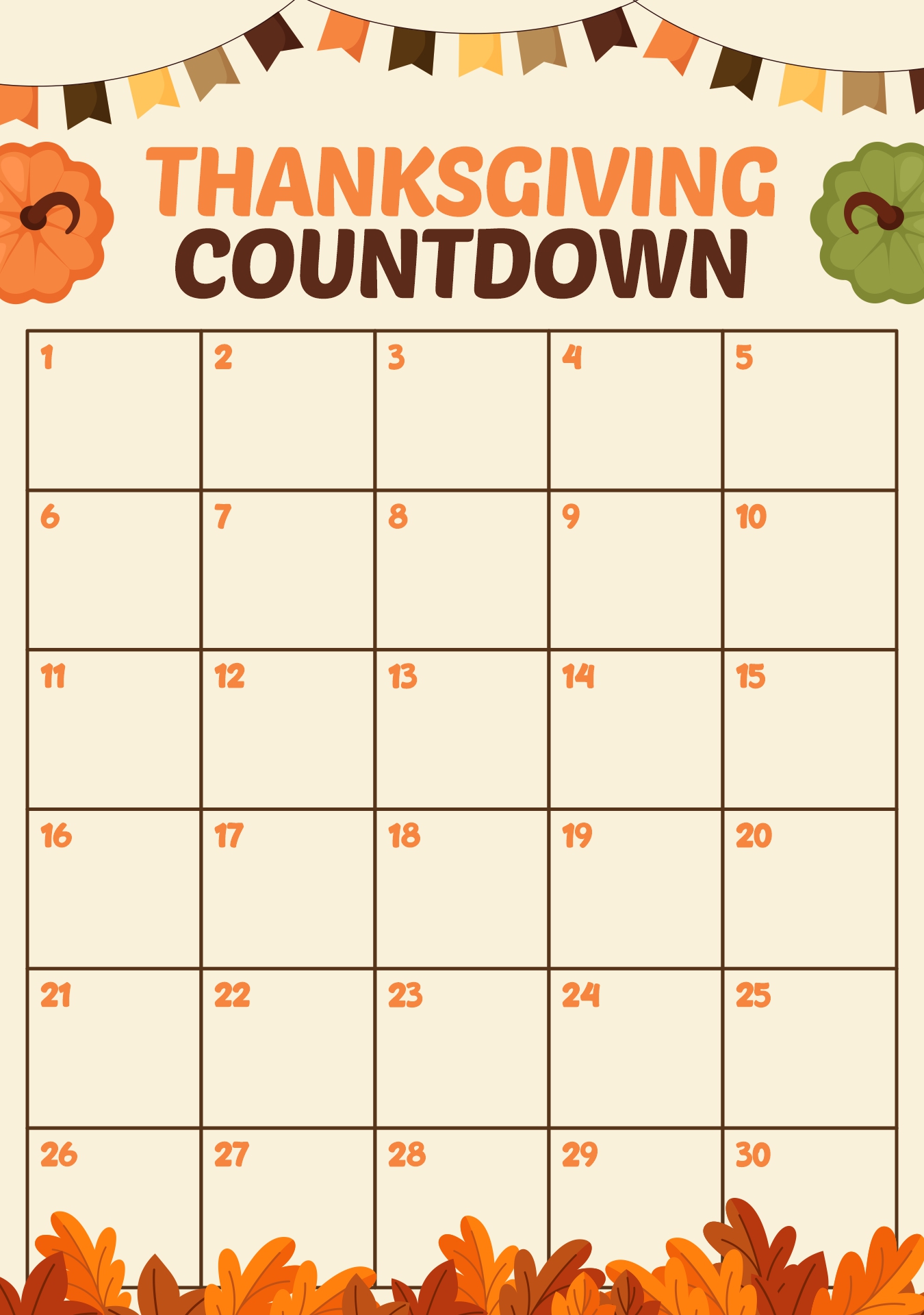 Printable Countdown to Thanksgiving Calendar Sheets