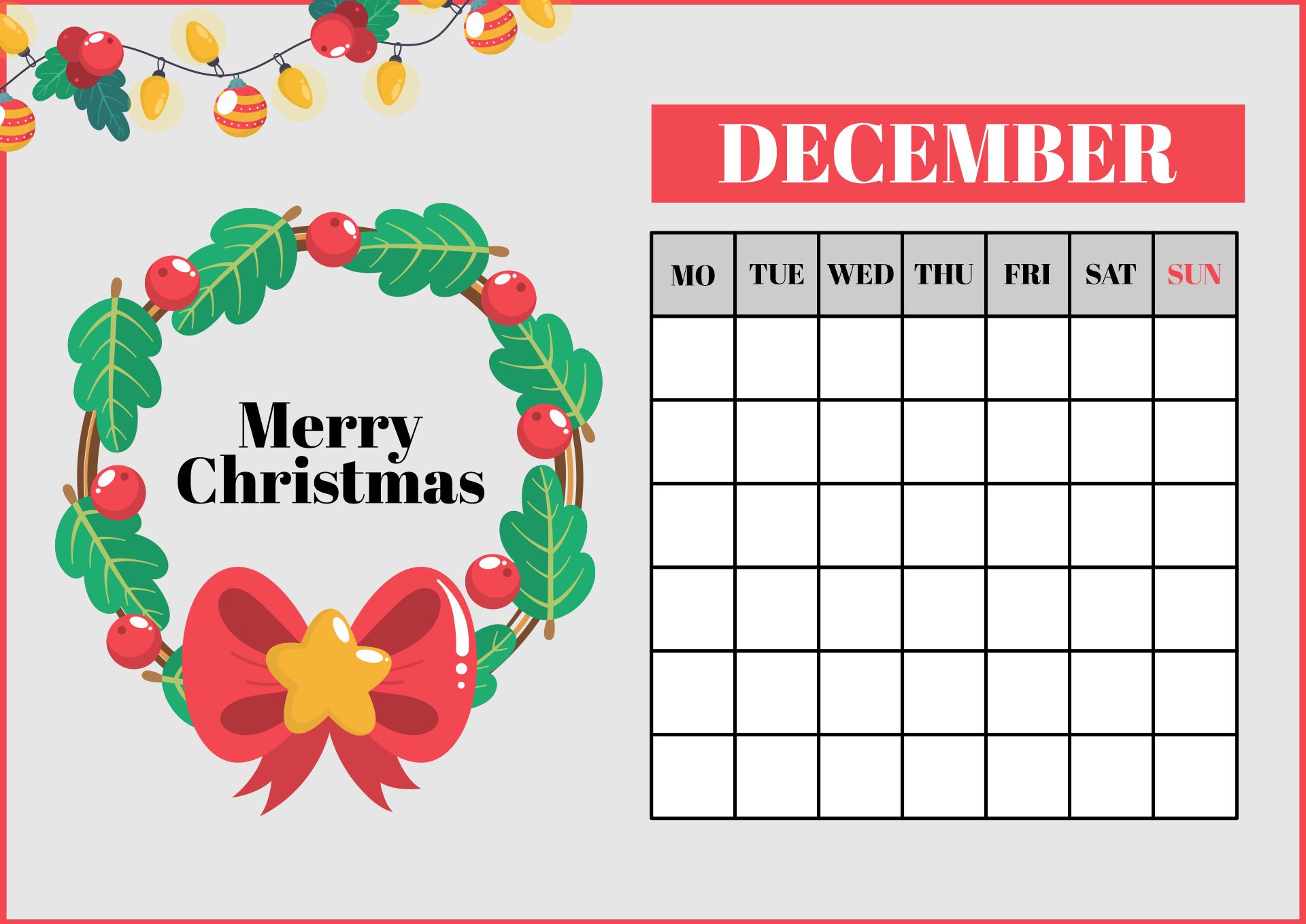 Printable December Calendar with Christmas Holidays