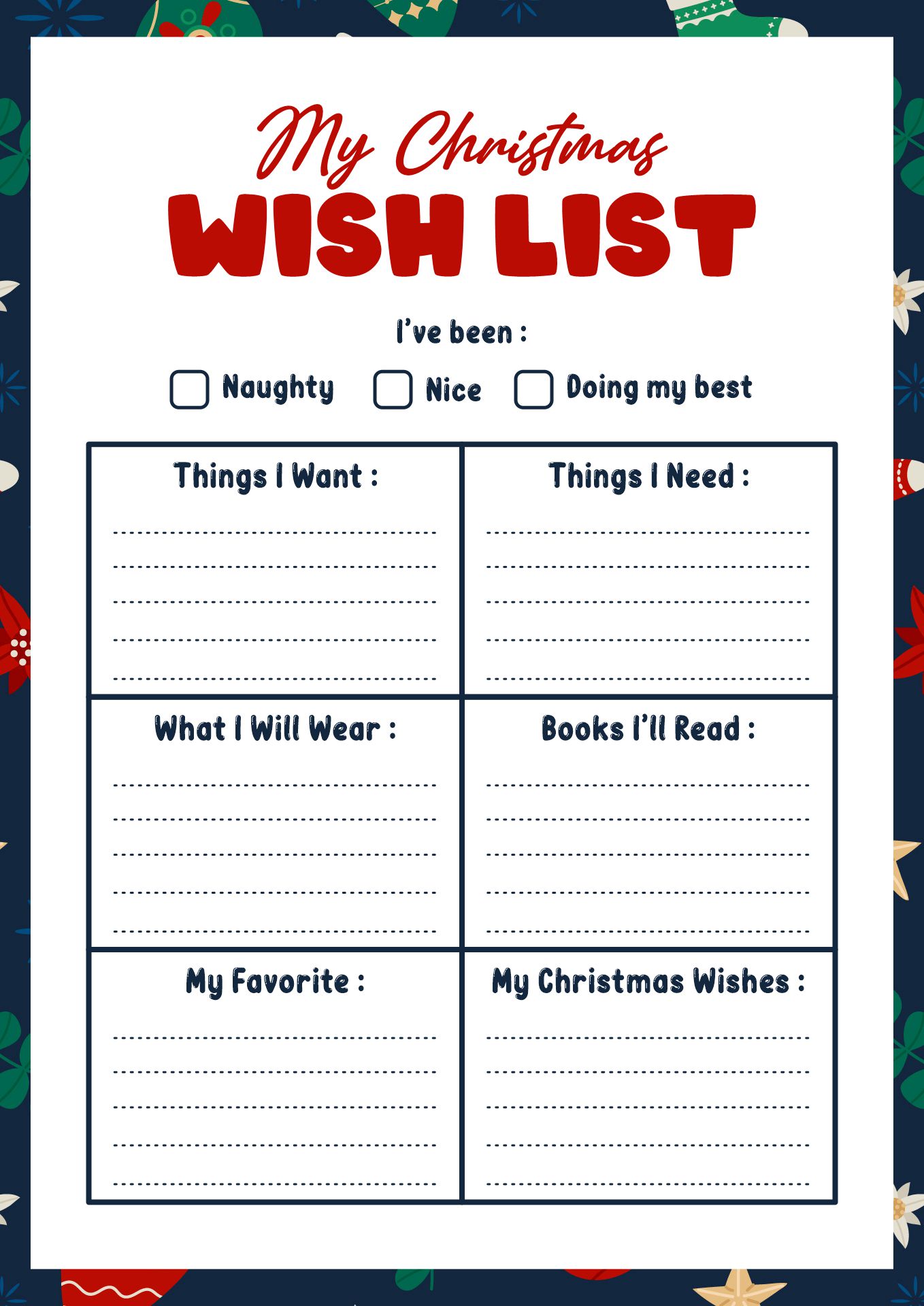 Printable Family Christmas Gift Wish List