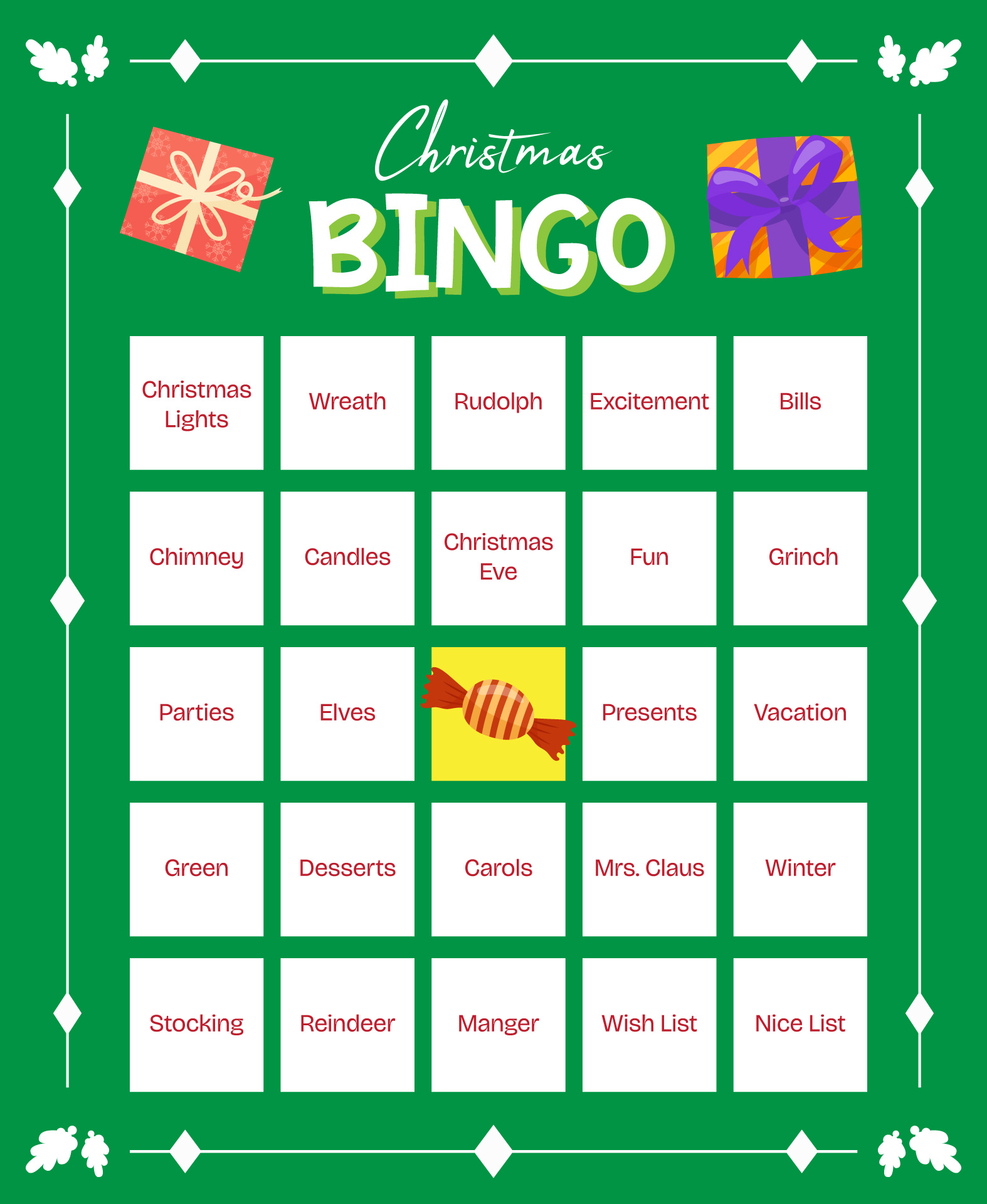 Printable Holiday Bingo for Christmas Eve Fun