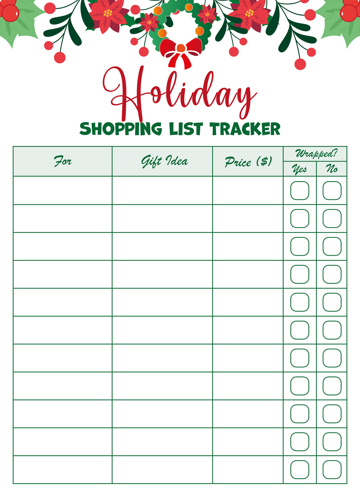 Printable Holiday Shopping List Tracker