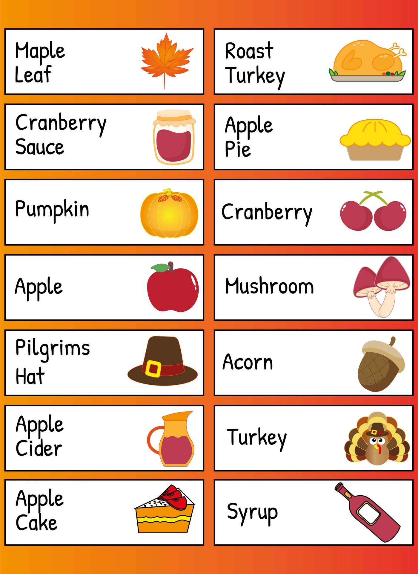 Printable List of Words for Thanksgiving